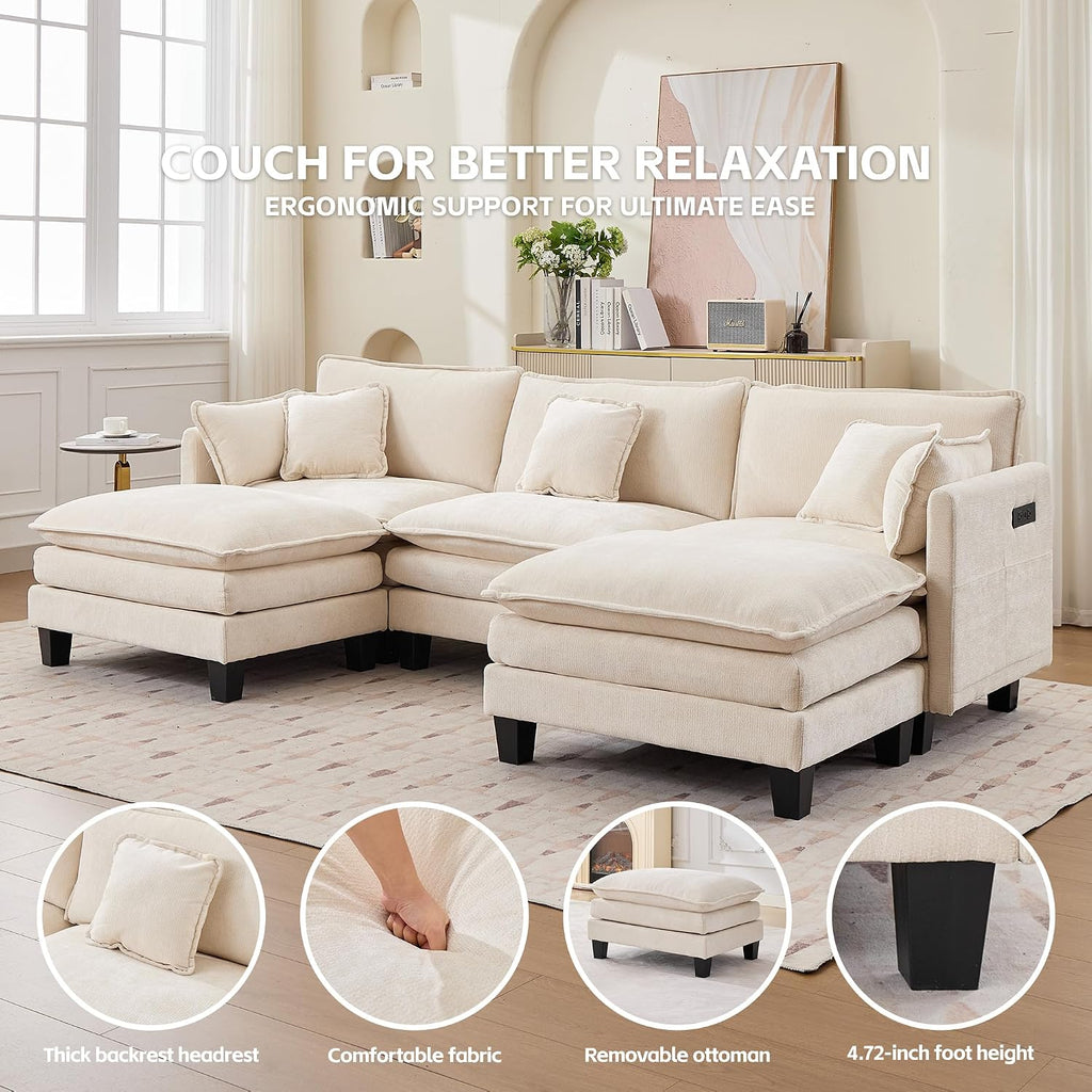 Opiesit Modular Sectional Sofa with Movable Ottoman, 110' 5-Seat Modern Couches for Living Room, Comfy U Shaped Couch Set with Deep Seat for Office and Apartment, Beige Chenille Fabric