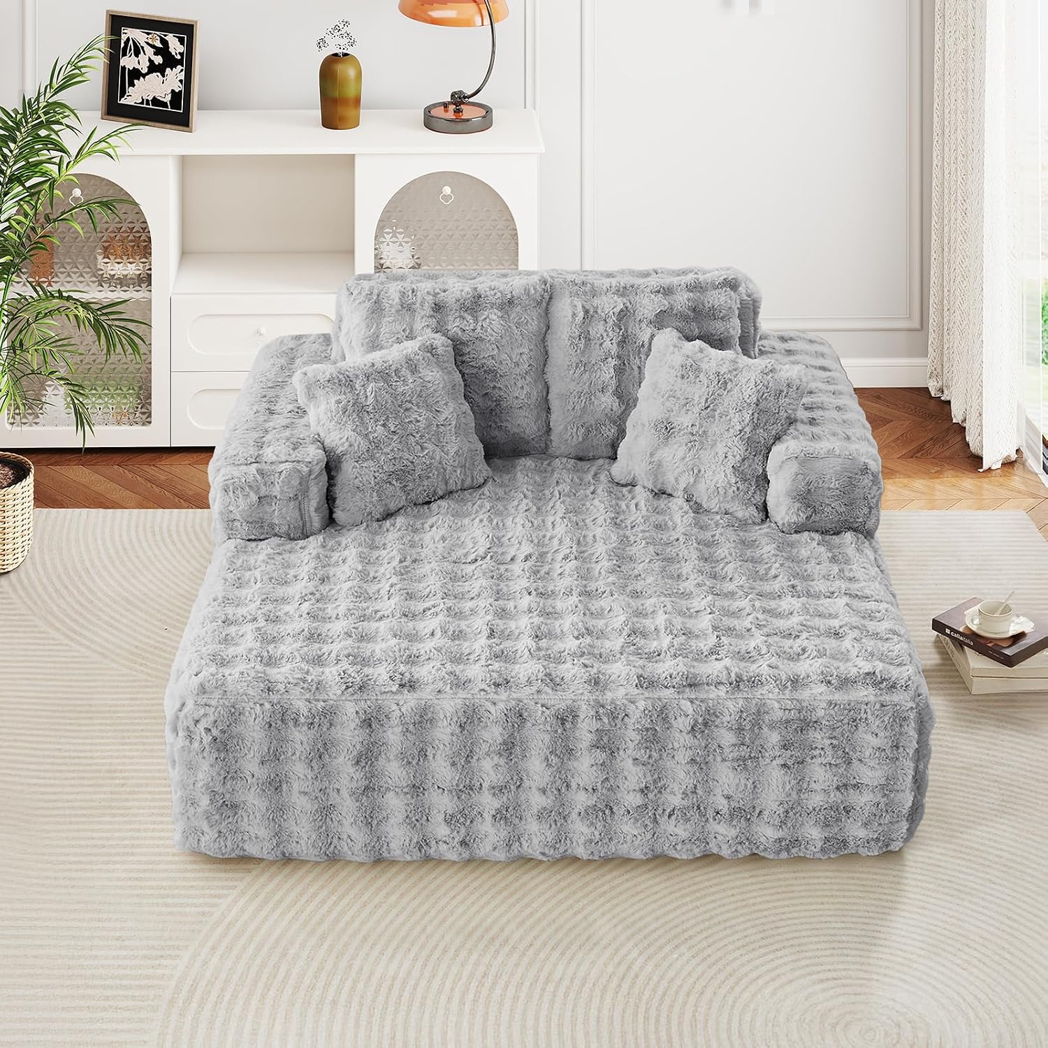JEEOHEY 56'W Oversized Chaise Lounge Chair Indoor,Plush Faux Fur Sleeper Couch Sofa Bed with Pillows,Fluffy Comfy Cloud Sofa,Compression Foam Boneless Couch for Living Room,Bedroom(Bubble, Light Grey)