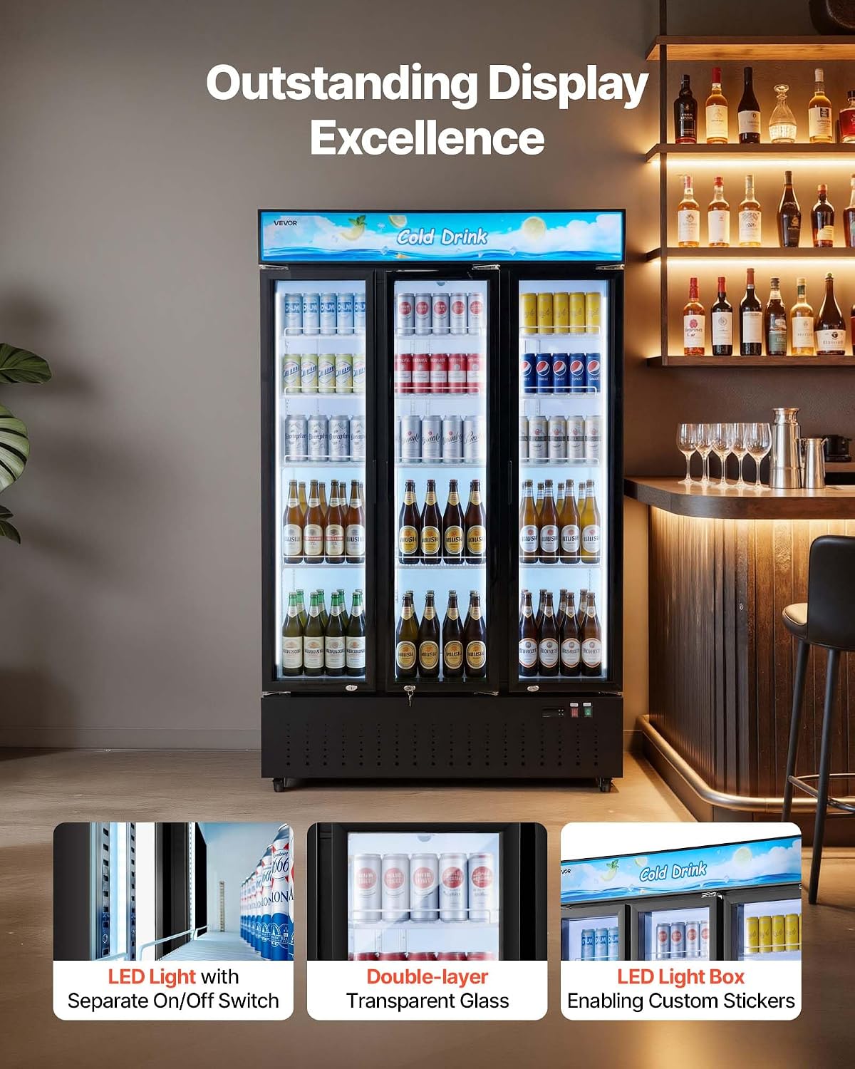 VEVOR Commercial Merchandiser Refrigerator, 26.8 Cu.Ft / 760L Upright Beverage Cooler, 3 Glass Door Display Refrigerator with Customizable Lightbox, 12 Adjustable Shelves, Soft LED Lighting & Casters