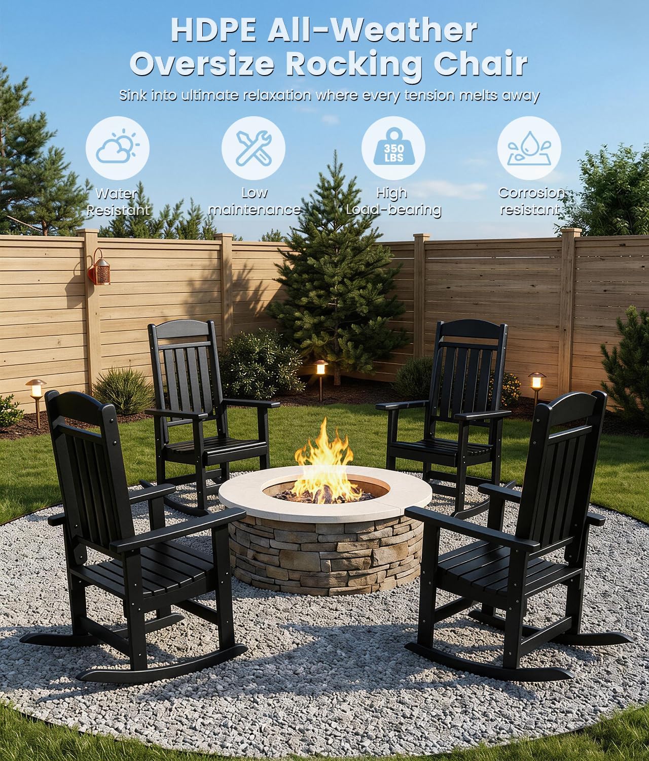 FOOWIN Outdoor Rocking Chair Set of 2, High Back Patio Rocking Chair, HDPE All Weather Resistant Porch Rocker for Adult, Oversized Rocking Chairs for Garden, Lawn, Indoor & Outdoor Use, Black