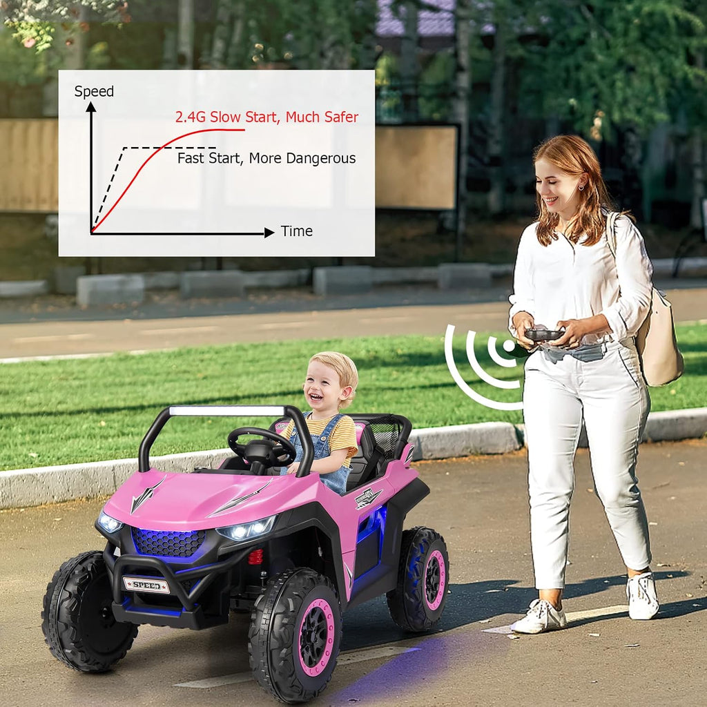 Costzon 2-Seater Ride on Car for Kids, 12V Kid' Electric Vehicles w/Remote Control, 4 Shock Absorbers, Wireless Music & FM, 3 Speeds, Ambiance Lights, Electric UTV, Kids Car for Boys Girls (Pink)