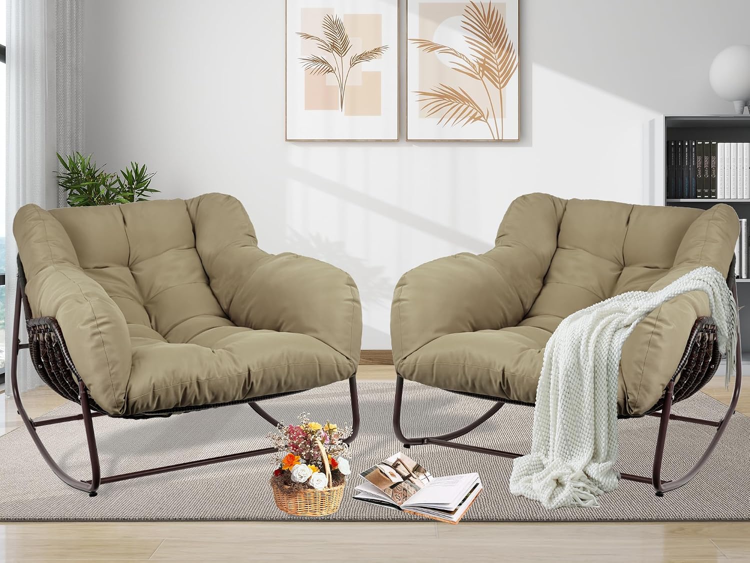 Papasan Rocking Chair Indoor & Outdoor, Oversized Patio Rocking Chairs with Padded Cushion& Pillow-Comfortable Rocker Egg Chair for Front Porch, Garden, Patio, Backyard,Brown,2PC