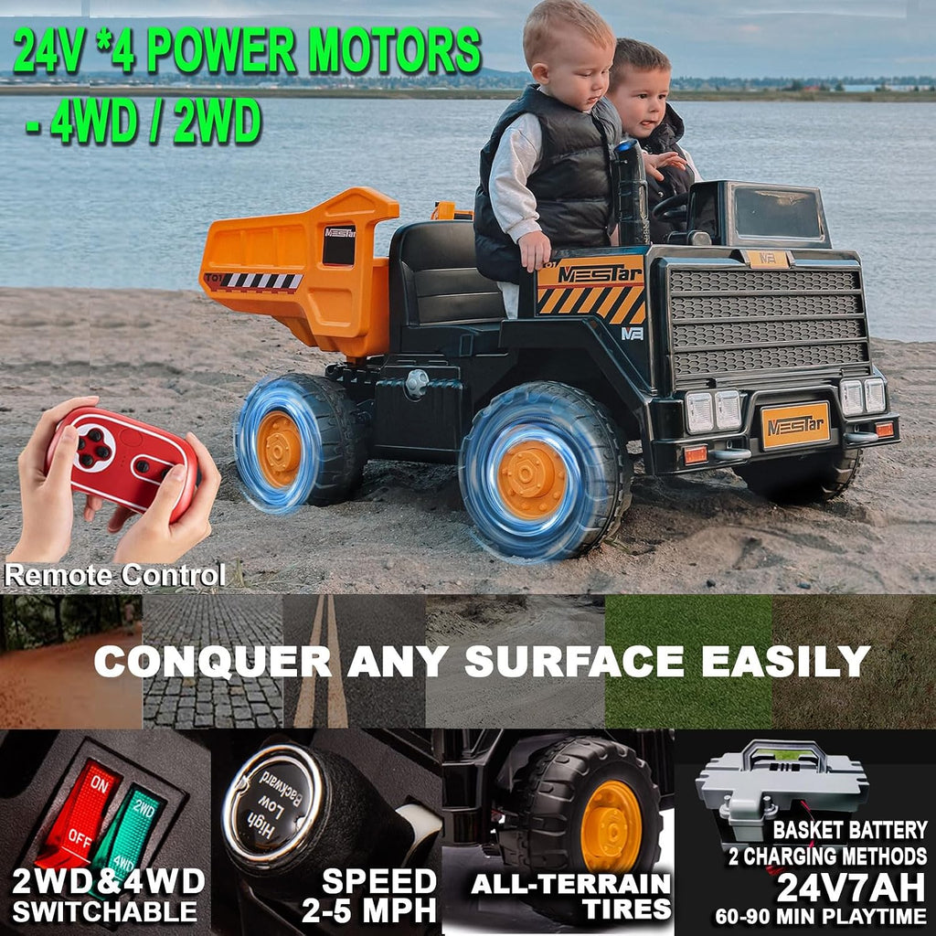 Kidsera 24V Ride On Dump Truck, 24 inch-2 Seater Ride On Car for Kids w/Remote Control 4WD/2WD Up to 5 Mph, 24v Ride on Toys for Big Kids w/Electric Dump Bed Extra Shovel Traffic Cones (Yellow)