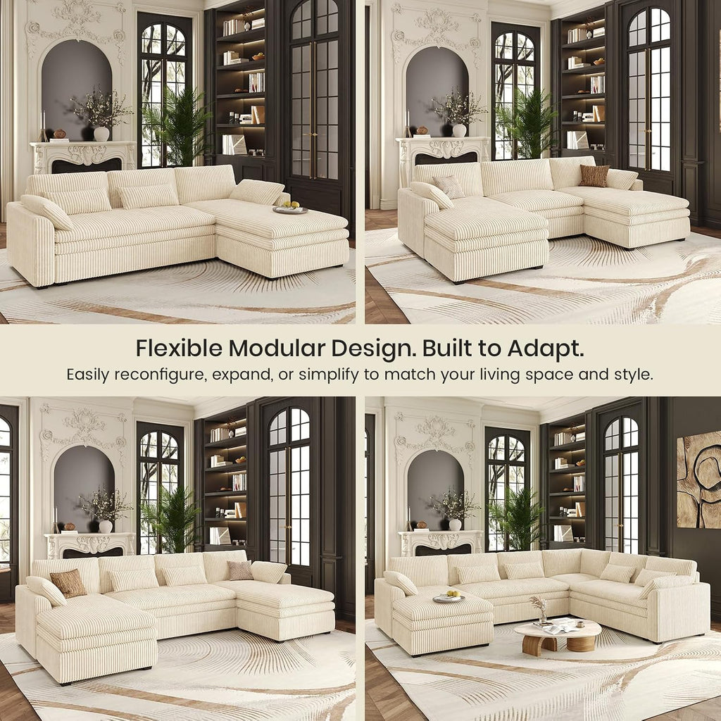 Belffin Large Modular Sectional Sofa with Double 61' Loveseat, Corduroy Corner Couch with 9' Soft Dual-Layer Seats Cushion for Living Room, Apartment, Small Sapce, Beige