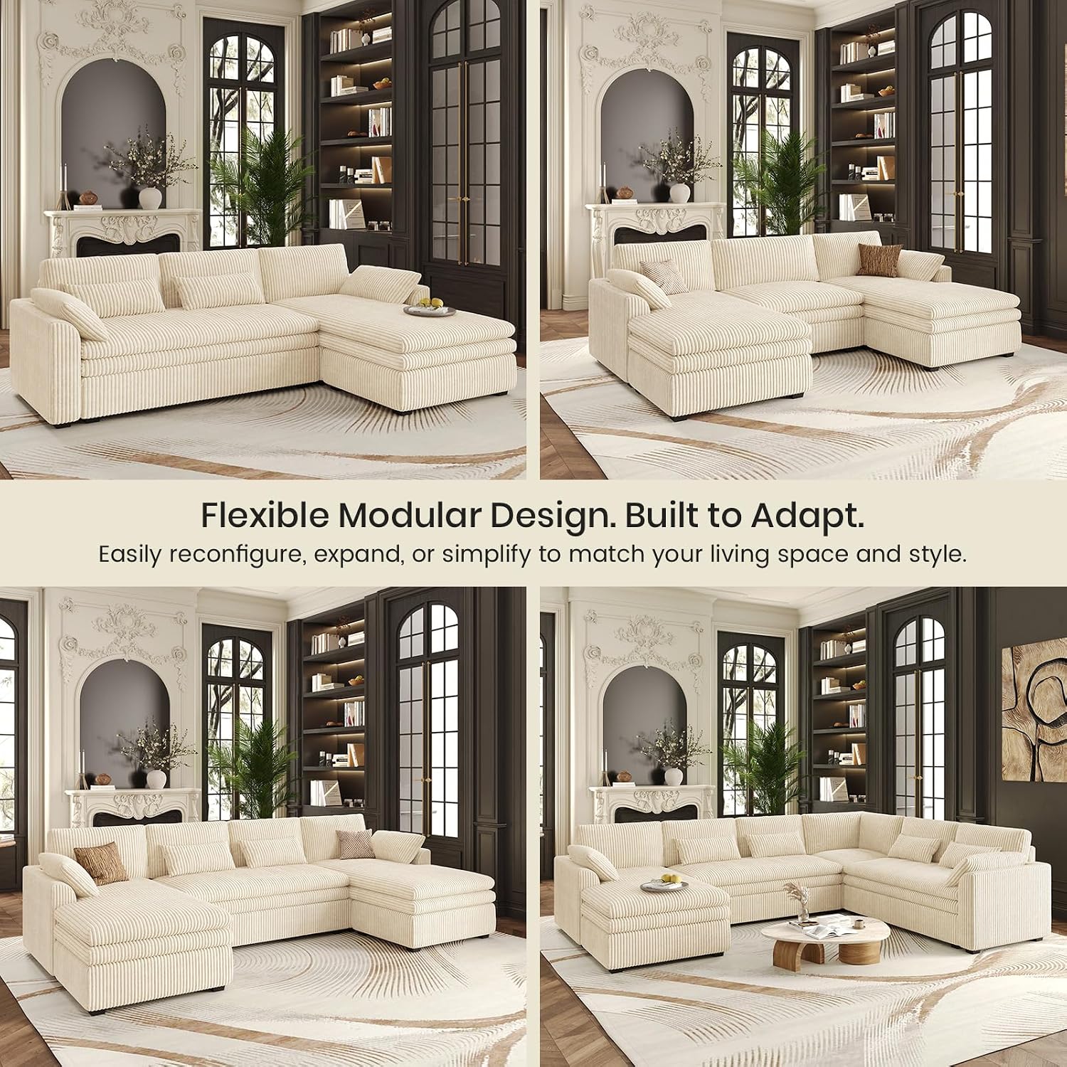 Belffin Large Modular Sectional Sofa with Double 61' Loveseat, Corduroy Corner Couch with 9' Soft Dual-Layer Seats Cushion for Living Room, Apartment, Small Sapce, Beige