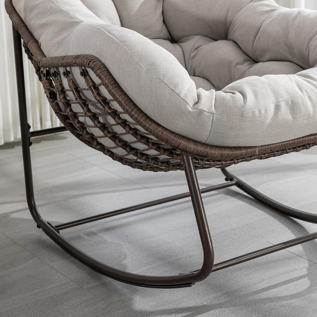 JEEOHEY Papasan Rocking Chairs Outdoor Indoor, Oversized Rattan Rocker Patio Chair with Padded Cushion, Comfy Modern Indoor Egg Chair for Living Room, Bedroom, Porch, Garden, Balcony(Velvet, Beige)