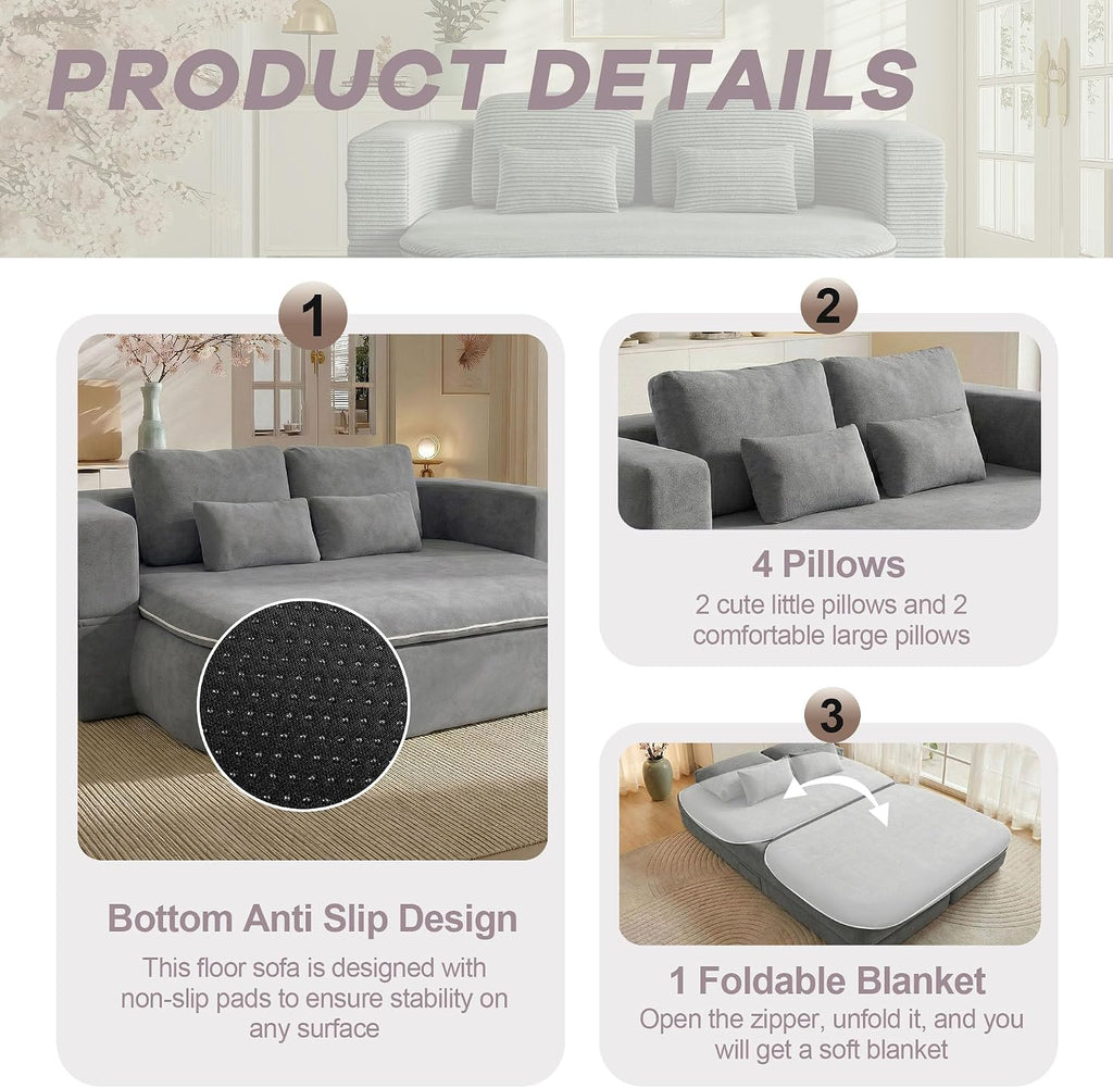 75'' Folding Sleeper Sofa Bed, Convertible Memory Foam Boneless Couch, Foldable Full Size Guest Bed, Modern 2-in-1 Futon Floor Sleeper Sofa with 4 Pillows and Blanket (Chenille, Gray1)