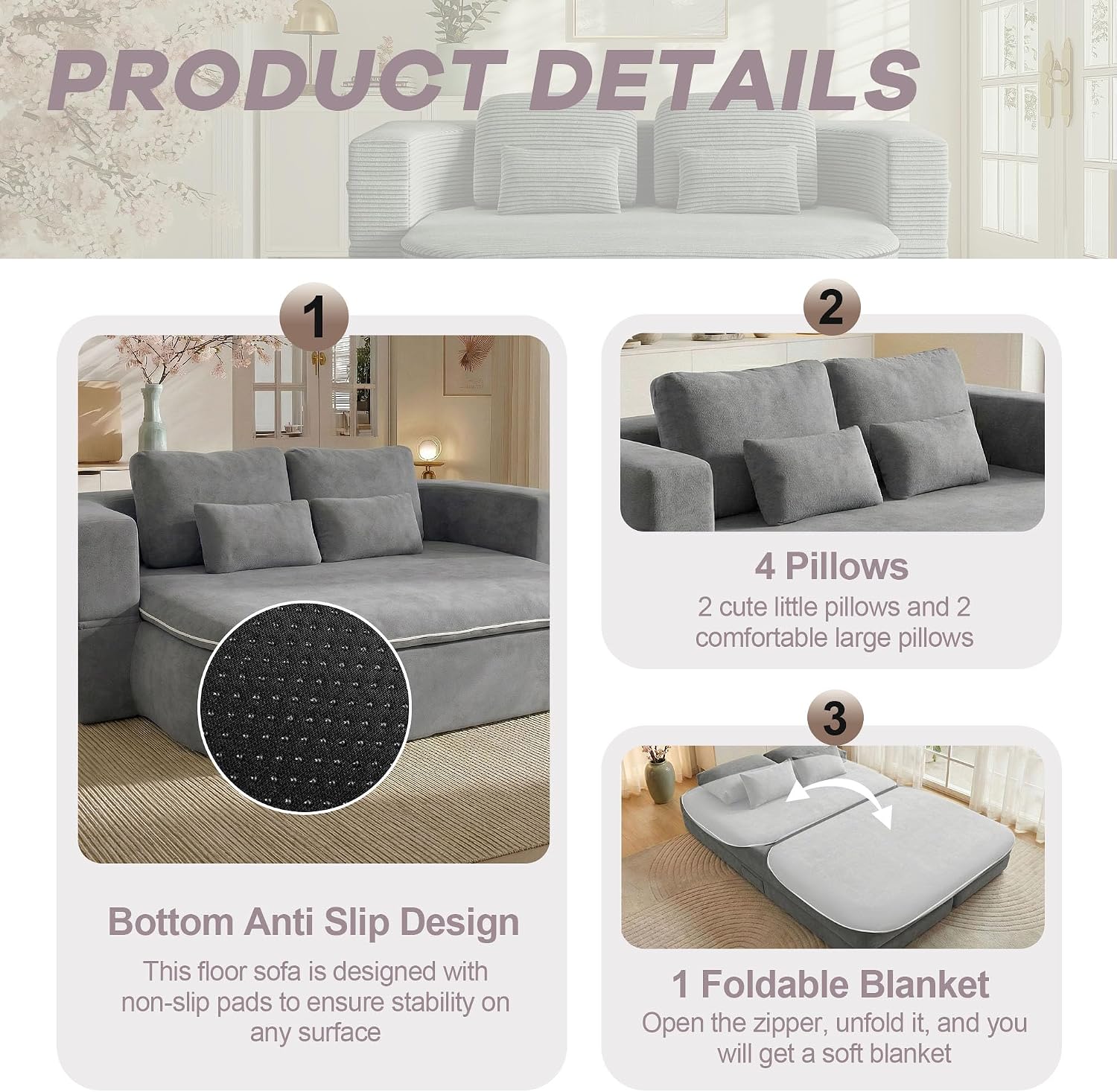 75'' Folding Sleeper Sofa Bed, Convertible Memory Foam Boneless Couch, Foldable Full Size Guest Bed, Modern 2-in-1 Futon Floor Sleeper Sofa with 4 Pillows and Blanket (Chenille, Gray1)
