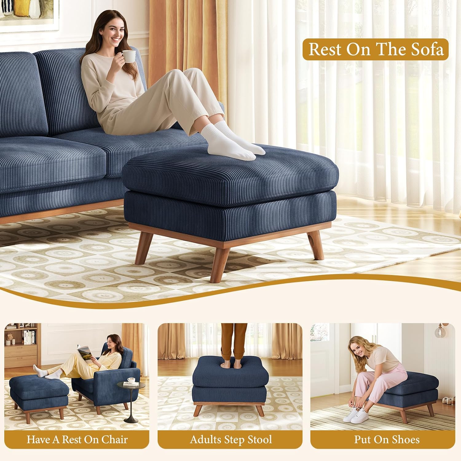 Vesgantti Large Ottoman for Modular Sofa, 29.5' Corduroy Ottoman with Spring Cushion, Rectangle Foot Rest for Couch, Entrance Footstool with Wood Legs, Footstool for Living Room, Bedroom, Dark Blue