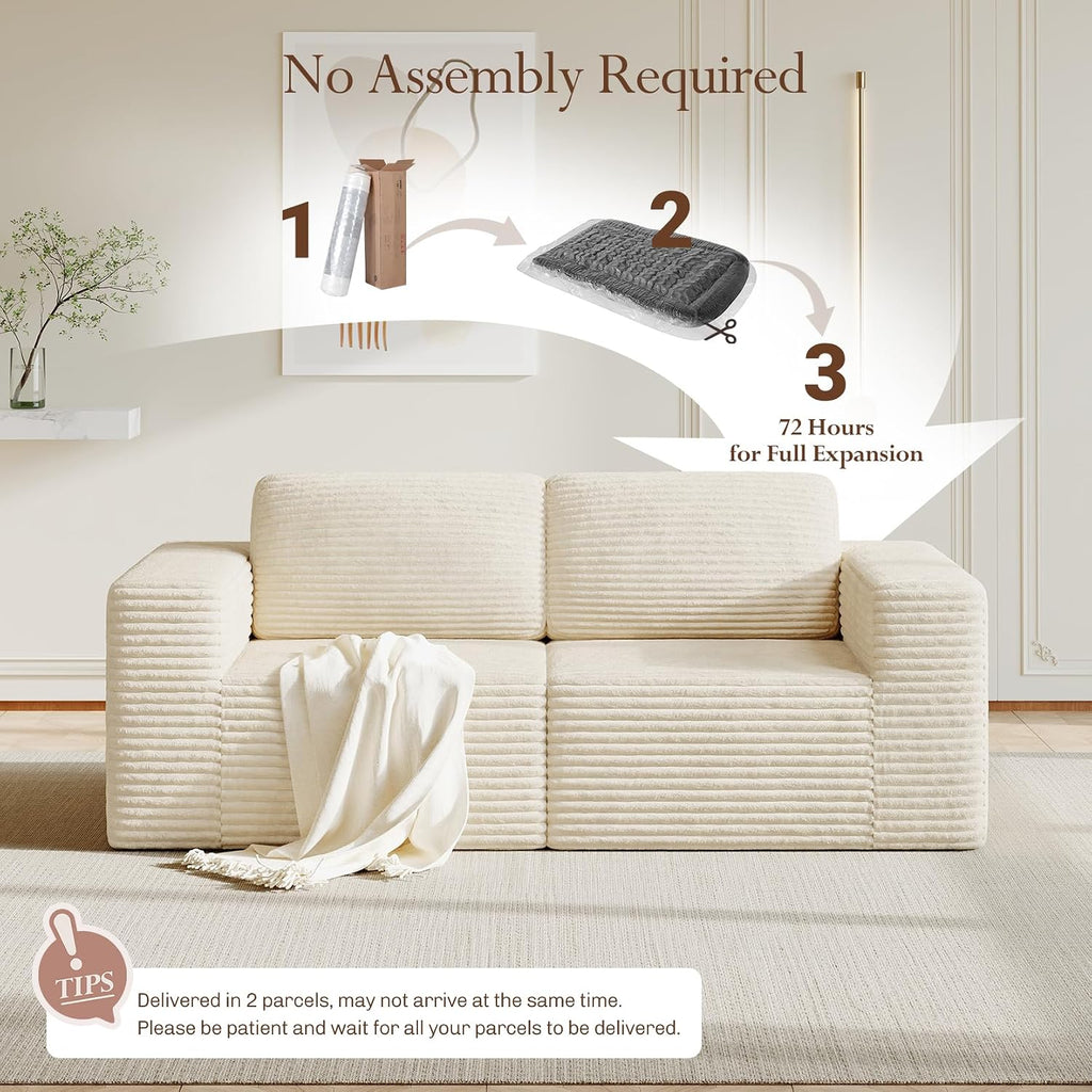 Vesgantti 80' Modular Sectional Sofa, Corduroy Cloud Couch with Deep Seating & Spring Support, 2 Seater Compact Modular Couch, Boneless Sectional Sofa for Small Spaces, No Assembly Required, Beige