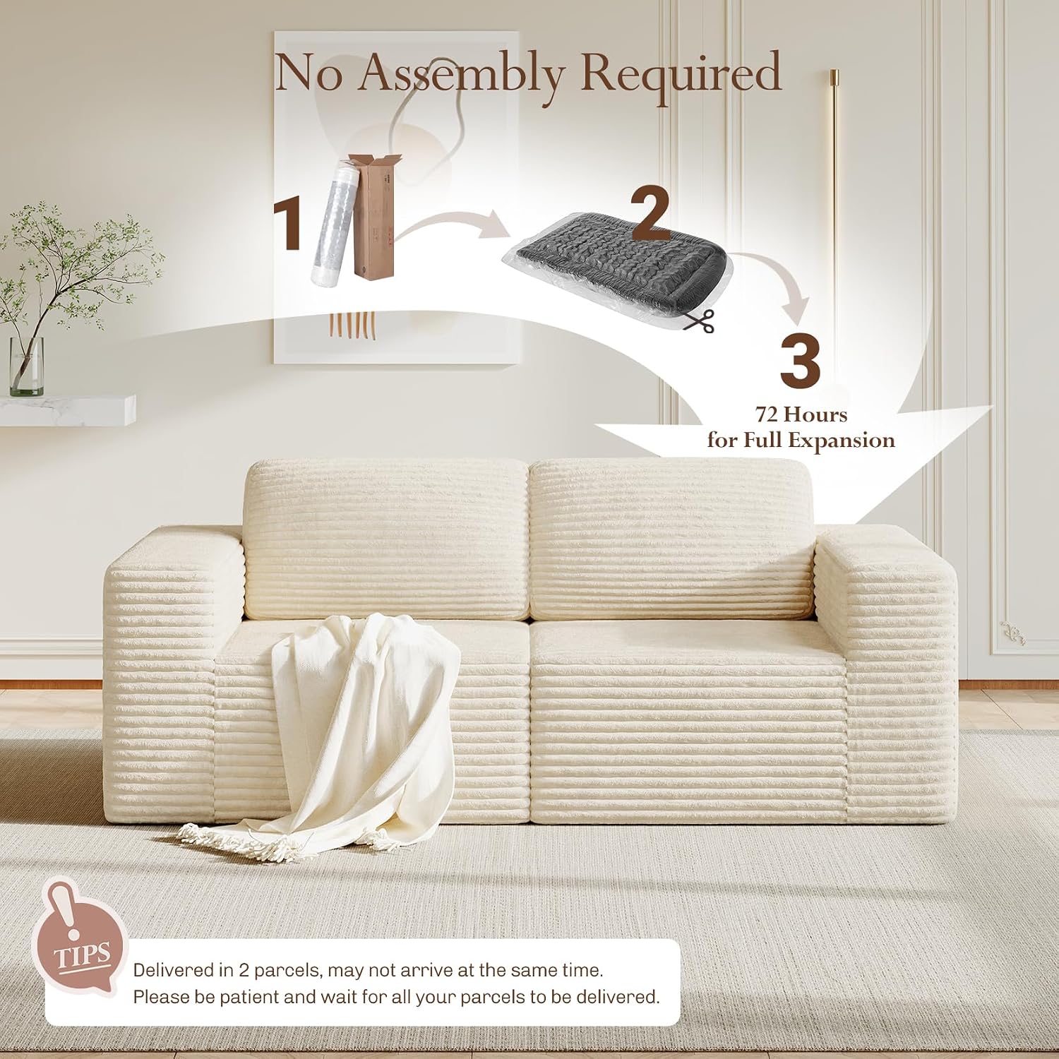 Vesgantti 80' Modular Sectional Sofa, Corduroy Cloud Couch with Deep Seating & Spring Support, 2 Seater Compact Modular Couch, Boneless Sectional Sofa for Small Spaces, No Assembly Required, Beige