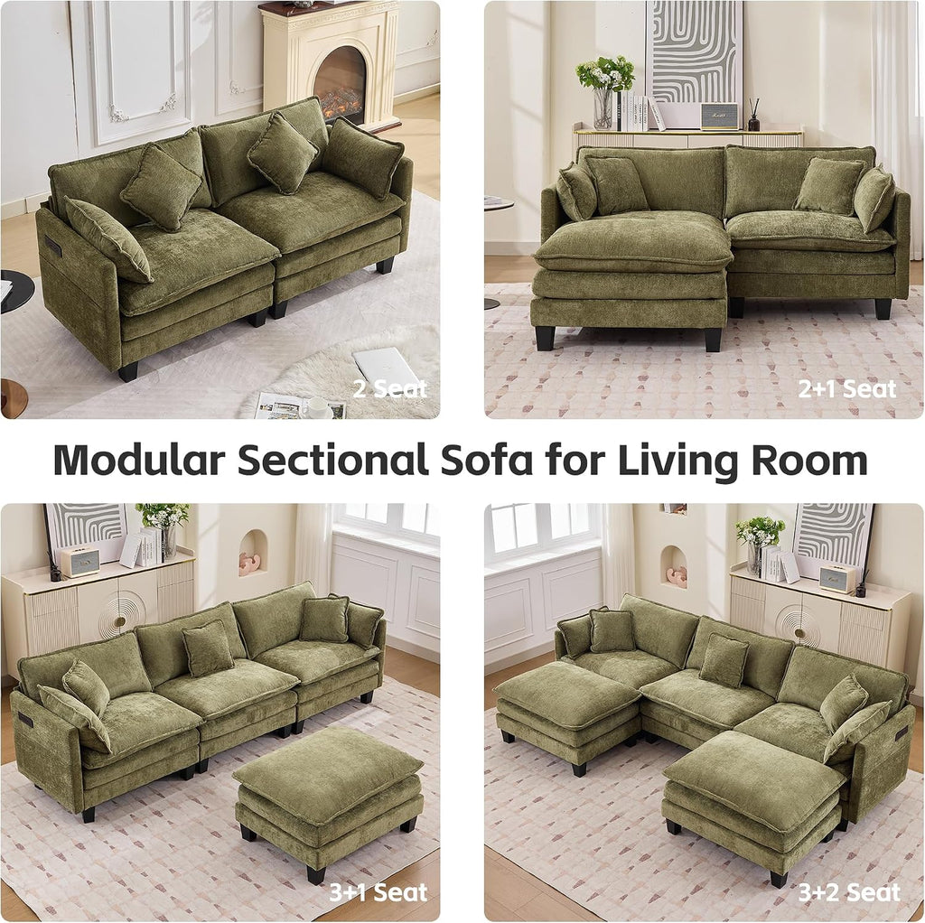 Opiesit Modular Sectional Sofa with Movable Ottoman, 110' 5-Seat Modern Couches for Living Room, Comfy U Shaped Couch Set with Deep Seat for Office and Apartment, Green Chenille Fabric