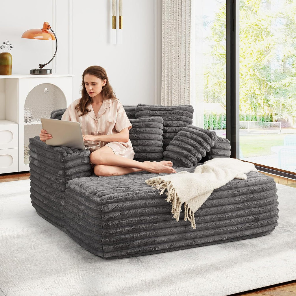 JEEOHEY 56' Oversized Chaise Lounge Chair Indoor,Plush Faux Fur Sleeper Sofa Couch Bed with Pillows&Wide Armrests,Fluffy Comfy Cloud Couch,Compression Foam Couch for Living Room,Bedroom(Grey)