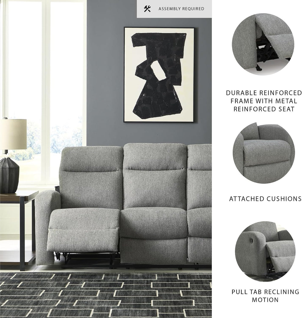 Signature Design by Ashley Carrigan Lane Classic Manual Pull Tab Dual Sided Reclining Sofa with Position Lock, Gray