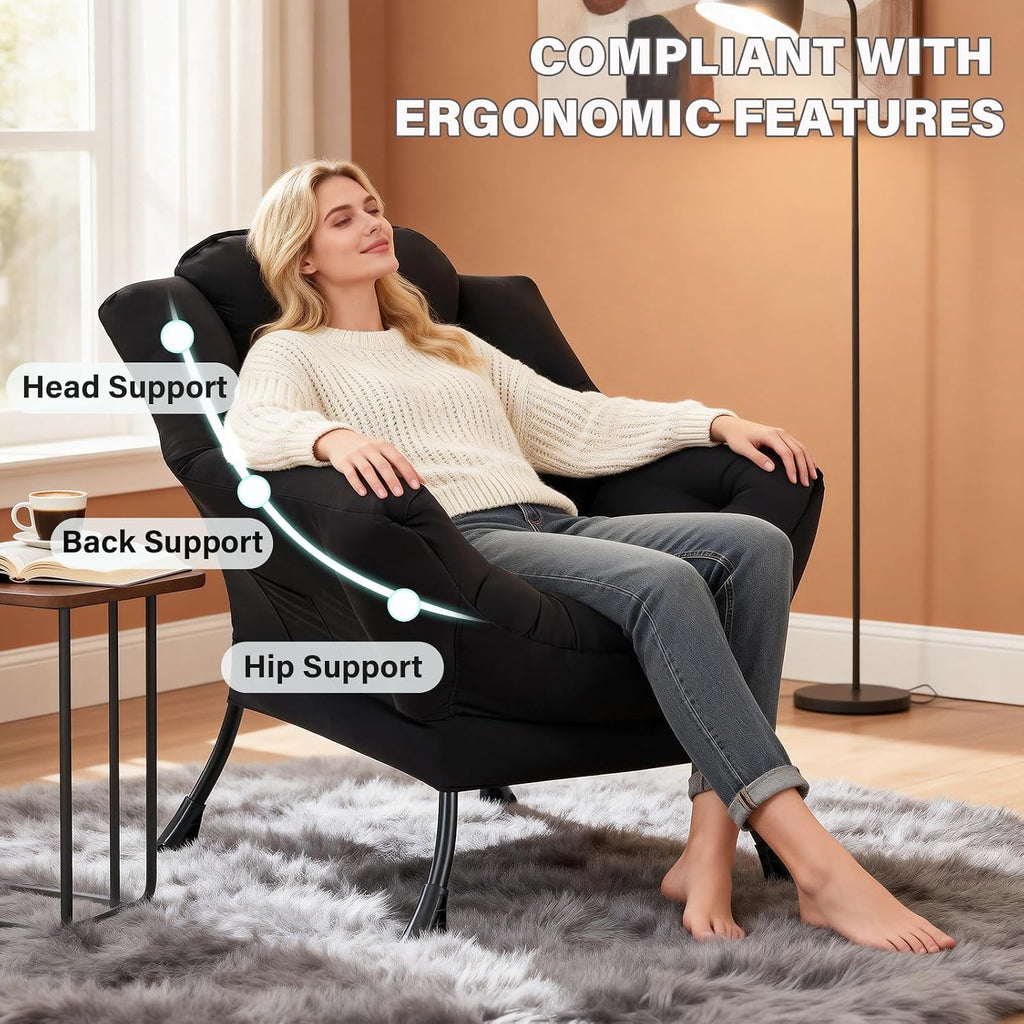 MBOOYOME Lazy Chair, Modern Soft Reading Chair Accent Contemporary Sofa Chair with Armrests and a Side Pocket for Living Room, Bedroom, Dorm & Office, Black