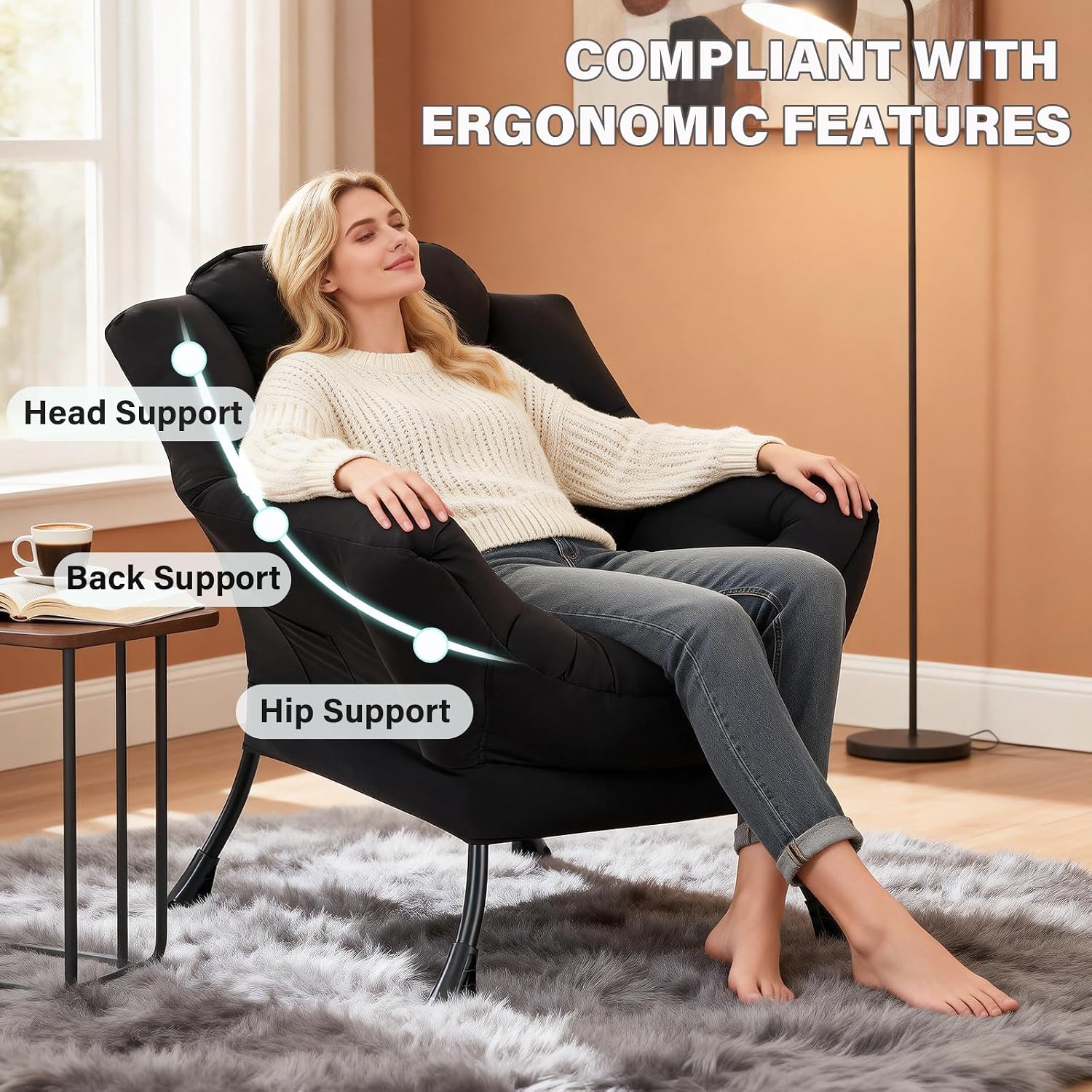 MBOOYOME Lazy Chair, Modern Soft Reading Chair Accent Contemporary Sofa Chair with Armrests and a Side Pocket for Living Room, Bedroom, Dorm & Office, Black