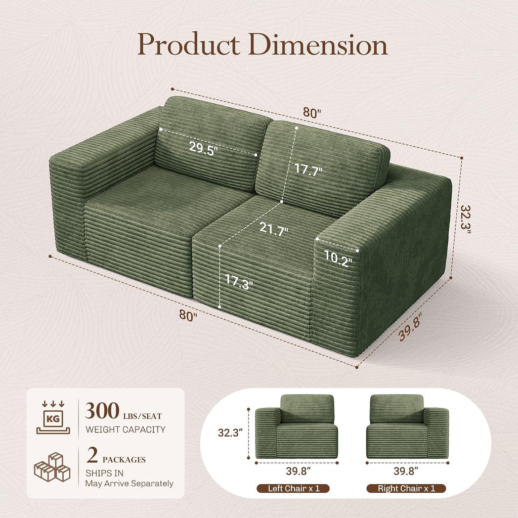 Vesgantti 80' Modular Sectional Sofa, Corduroy Cloud Couch with Deep Seating & Spring Support, 2 Seater Compact Modular Couch, Boneless Sectional Sofa for Small Spaces, No Assembly Required, Green