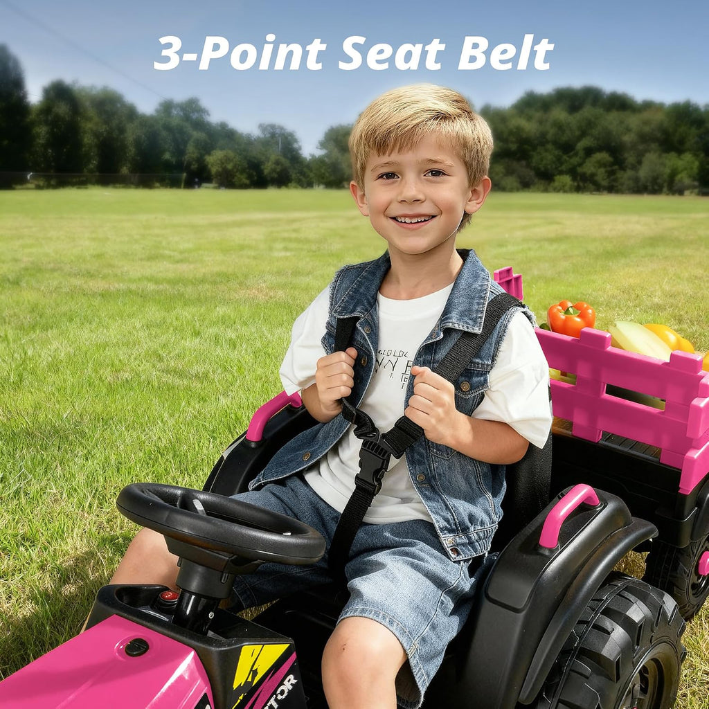 Hikiddo 24V Kids Ride on Tractor Toy, Electric Tractor for Kids 3-8 with Trailer, 2x200W Motors - Hot Pink
