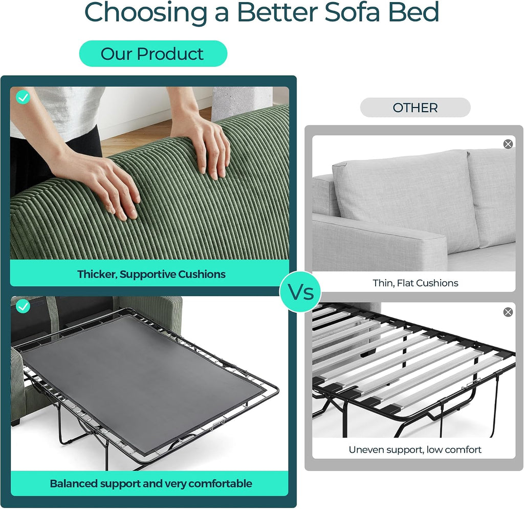 LINSY HOME Pull Out Sofa Bed - Convertible Loveseat Sleeper Sofa, Upgraded Bed Frame Pullout Couch - USB Charging & Cup Holders, Corduroy Sofa Bed for Living Room Small Space, Queen Size (Green)