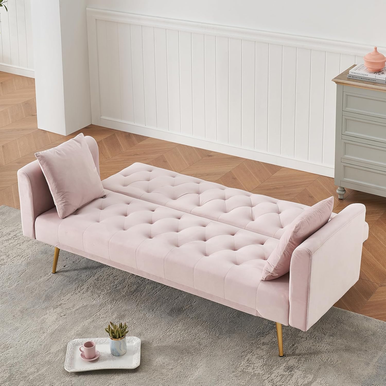 71' Modern Velvet Sofa Bed Futon, Convertible Sleeper Couch with Adjustable Backrest, Tufted Recliner Loveseat with Golden Chrome Legs & 2 Pillows for Small Spaces, Living Room, Apartment (Pink)