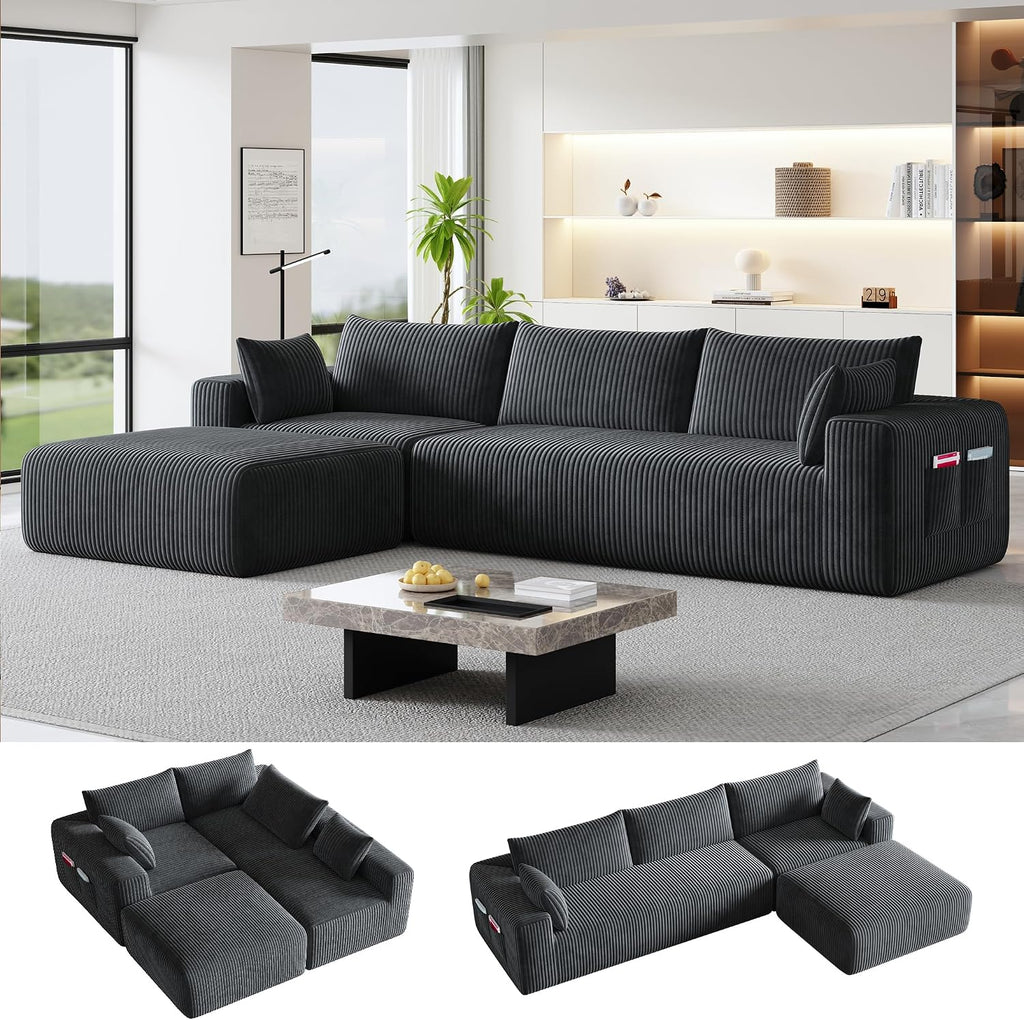 108' Cloud Couch Modular Sectional Sofa for Living Room,L Shaped Boneless Couch with Deep Seat Chaise,No Assembly Required Foam Sleeper Sofa for Apartments,Plush Corduroy Fabric, Dark Gray