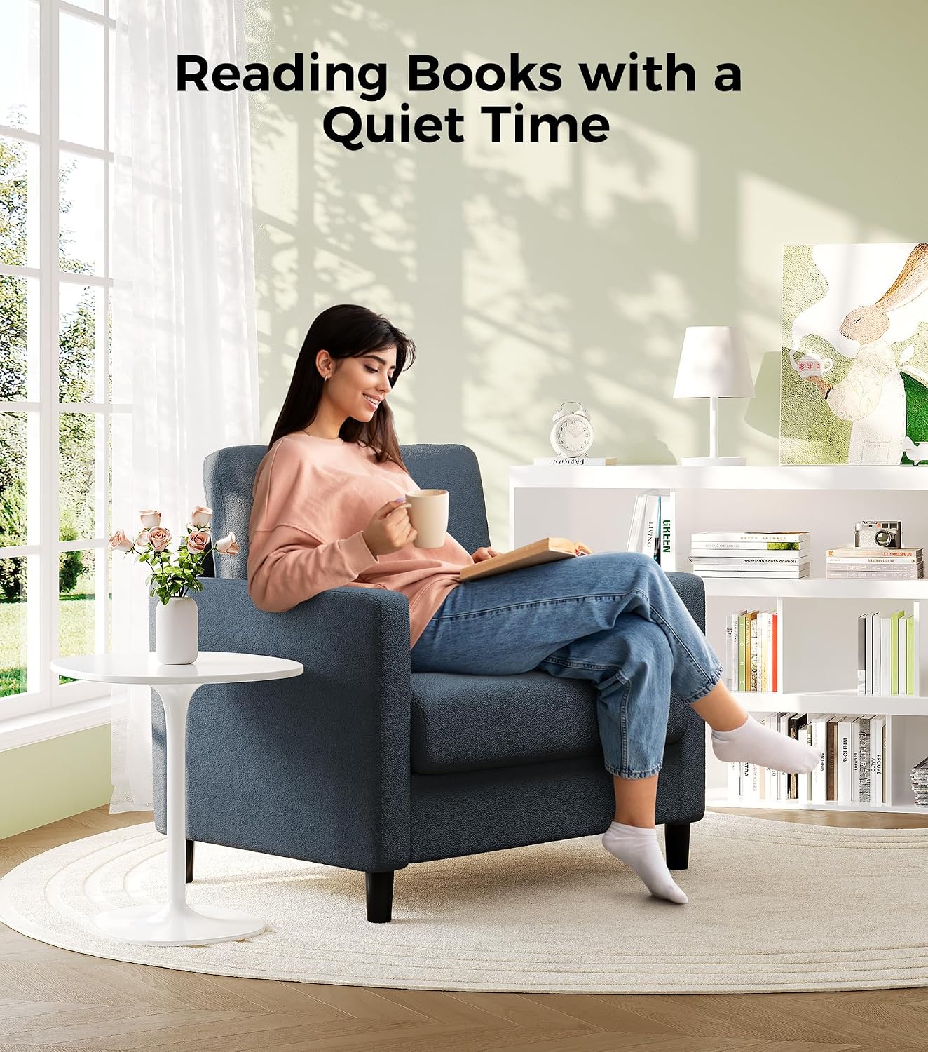 Welzona Sofa Accent Chair, 33' Reading Chair for Bedroom, Tool-Free Setup Living Room Accent Chairs, Comfy Arm Chairs Living Room, All-Wood Reading Nook, Blue Grey