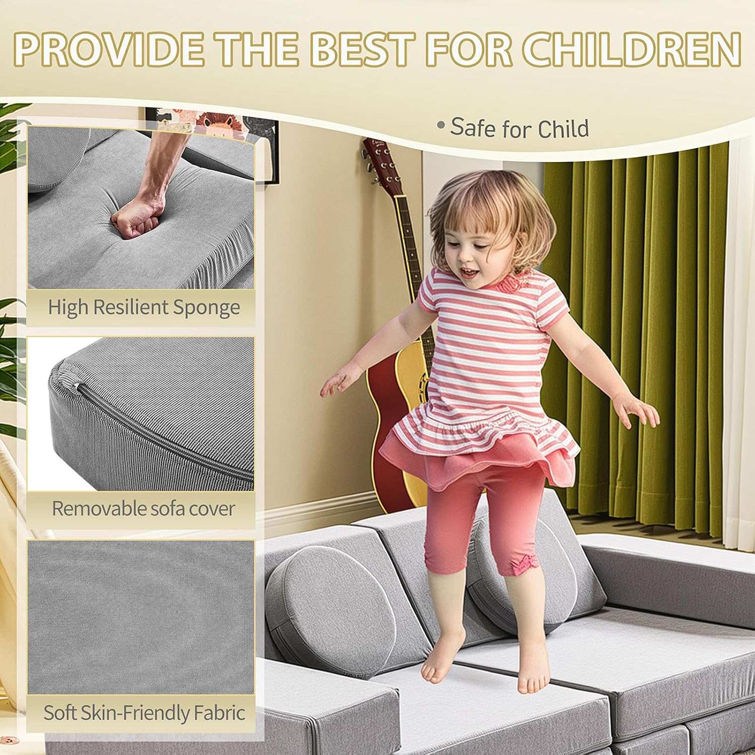 Karl home Kids Couch 14PCS, Modular Kids Play Couch, Multifunctional Foam Toddler Sofa,Climbing & Relaxation, Sectional Convertible Sofa Imaginative Furniture Play Set for Playroom, Grey