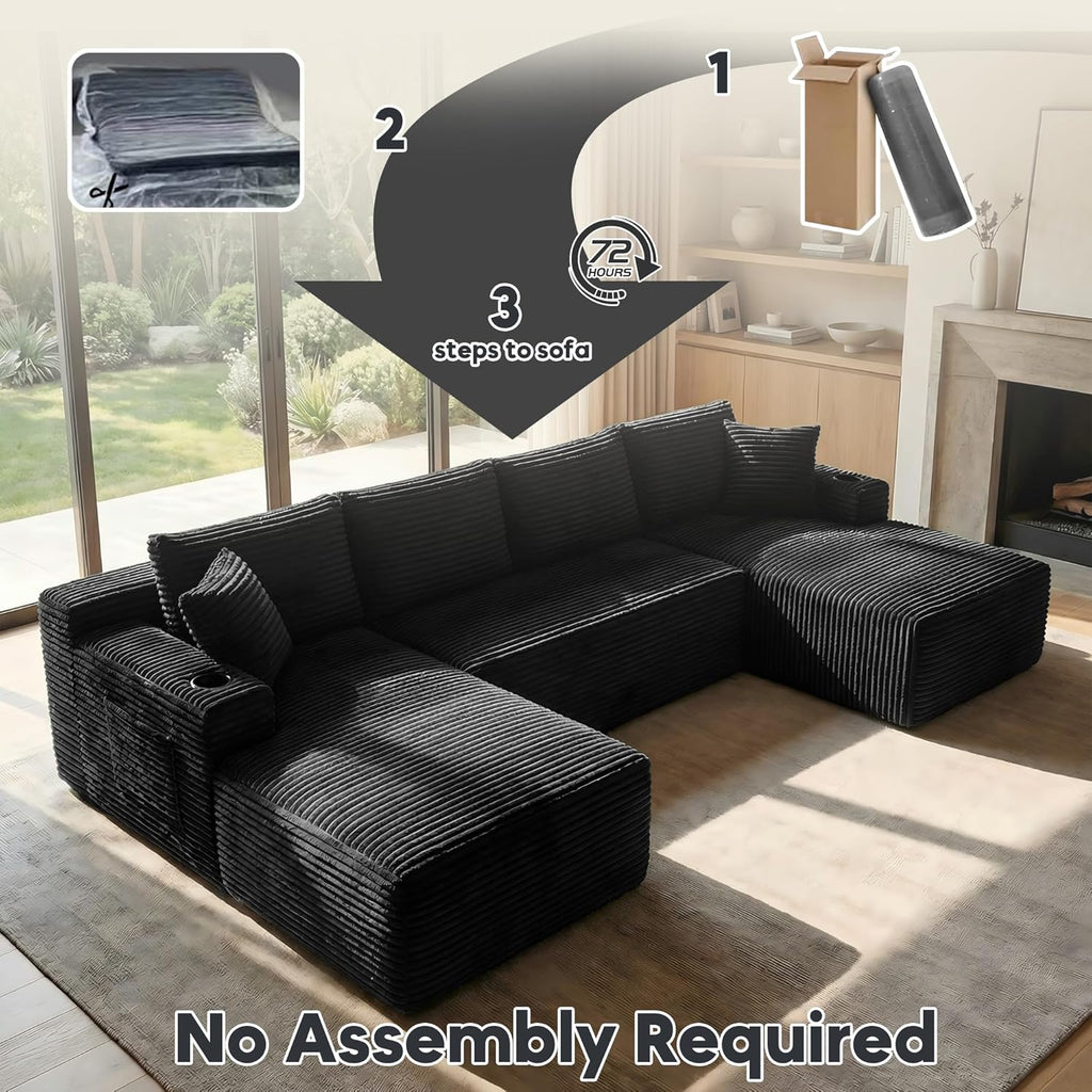 125 Inch Modular Sectional Sofa, Cloud Couch Oversized U Shaped Corduroy Sofa with Storage & Cupholders, Modern Deep Seat Boneless Couches for Living Room, No Assembly Required, Black