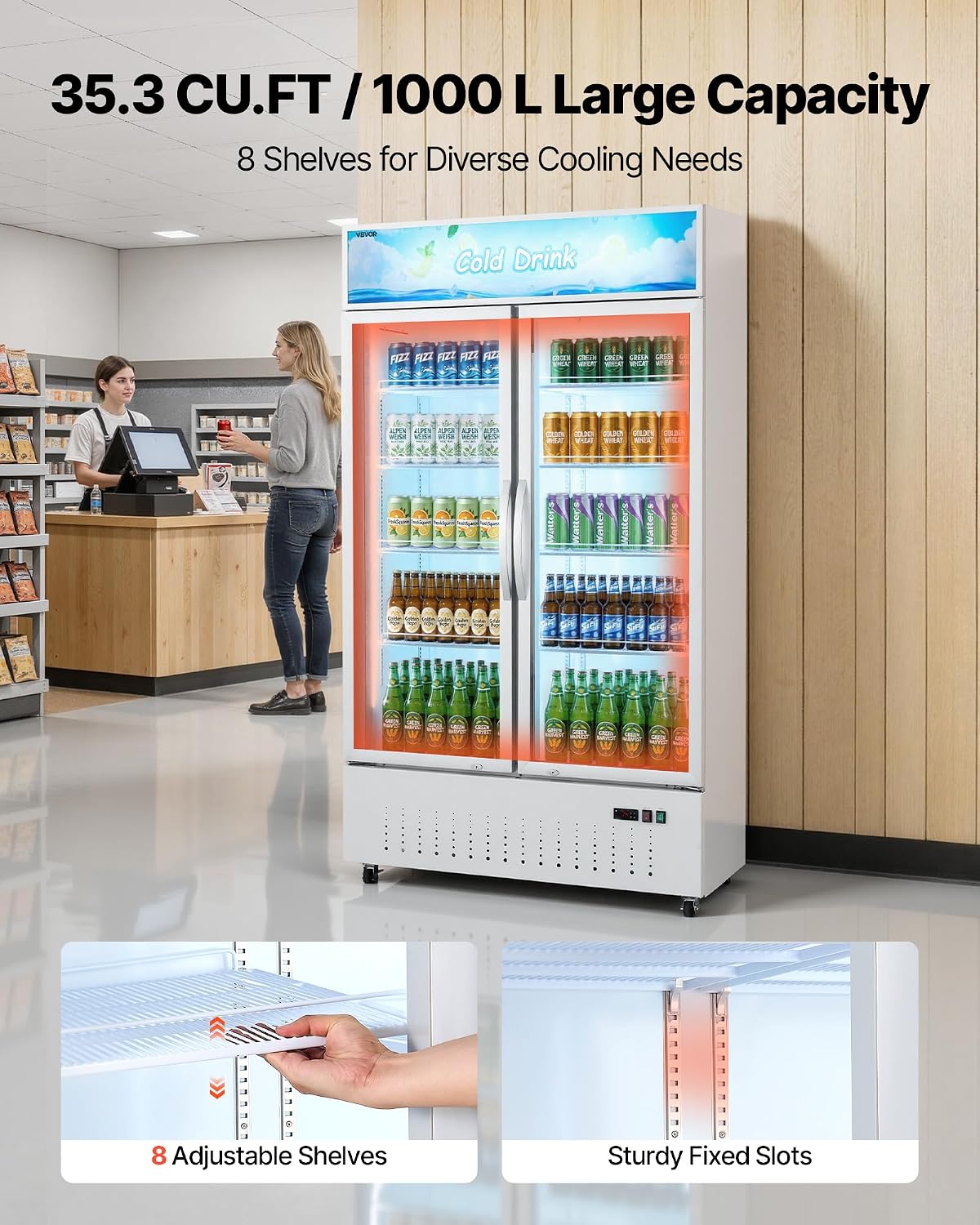 VEVOR Commercial Merchandiser Refrigerator, 35.3 Cu.Ft / 1000L Upright Beverage Cooler, 2 Glass Door Display Refrigerator with Customizable Lightbox, 8 Adjustable Shelves, Soft LED Lighting & Casters
