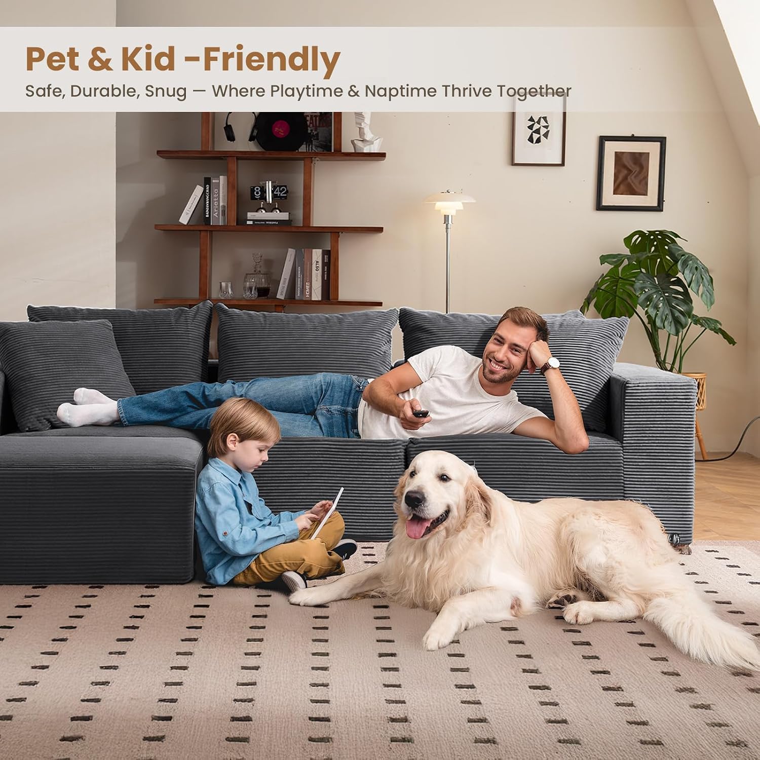 108' L-Shaped Boneless Couch, Modular Sectional Sofa with Moveable Ottoman, Corduroy Cloud Couches for Living Room, No Assembly, Ship in a Box, Ash Gray