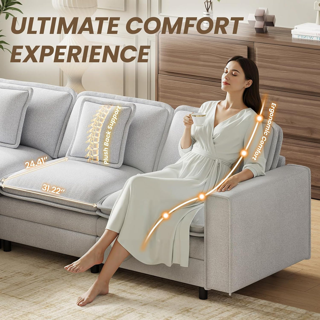 MALOL Modular Sectional Sofa 107', Comfy Cloud Couch with Ottoman, Deep 4-Seat L Shaped Modular Sofa, Couches with Throw Pillows for Living Room, Light Grey