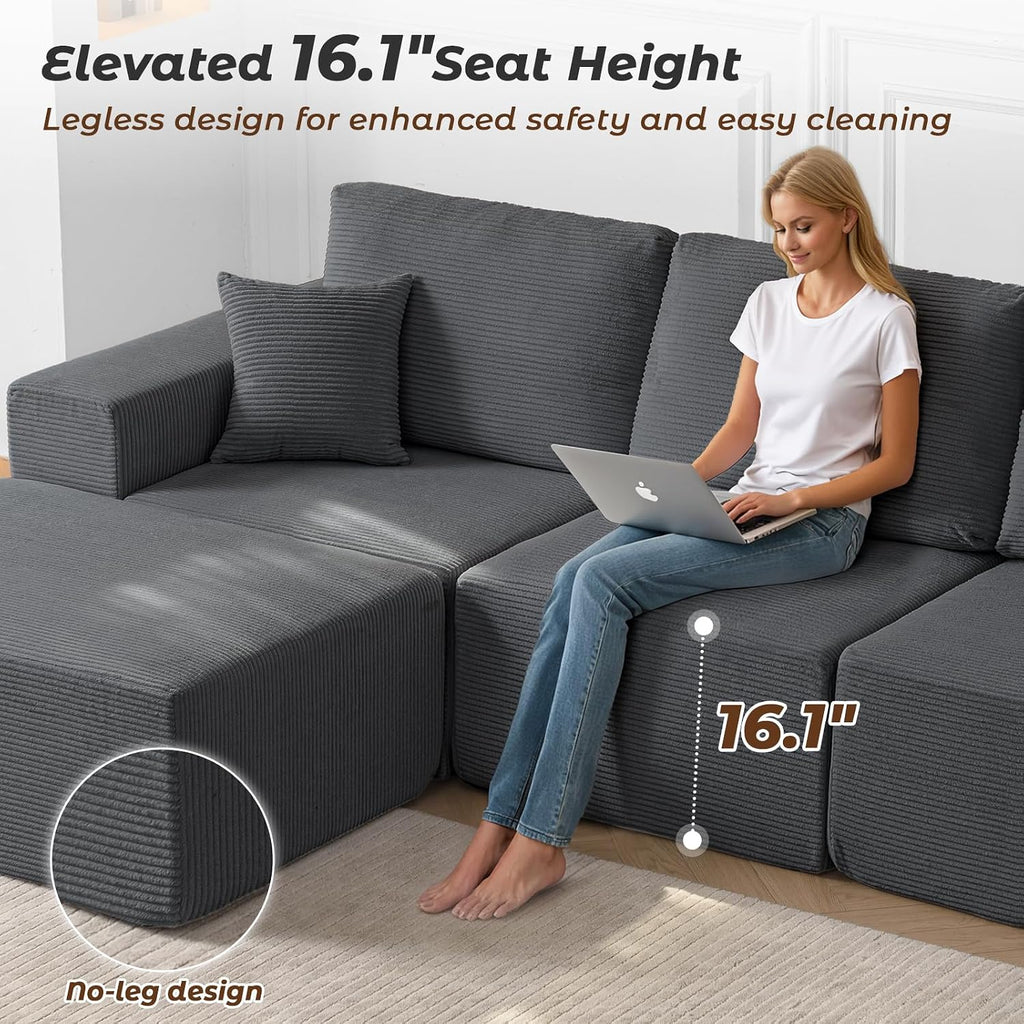 Modular Sectional Couch Modern 108' L Shaped Boneless Cloud Couch with Deep Seat, Sectional Sofa for Living Room Bedroom Apartments Dorms, No Assembly Required, Dark Grey
