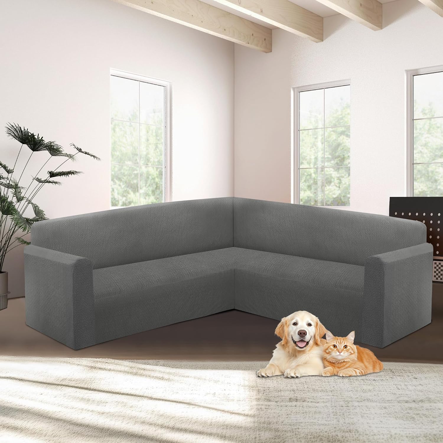 HDCAXKJ Sectional Couch Cover L Shape Stretch Sofa Covers Washable Jacquard Corner Couch Slipcover Non Slip Sectional Slip Cover U Shaped Furniture Protector for Pets Dogs (Dark Grey, X-Large)