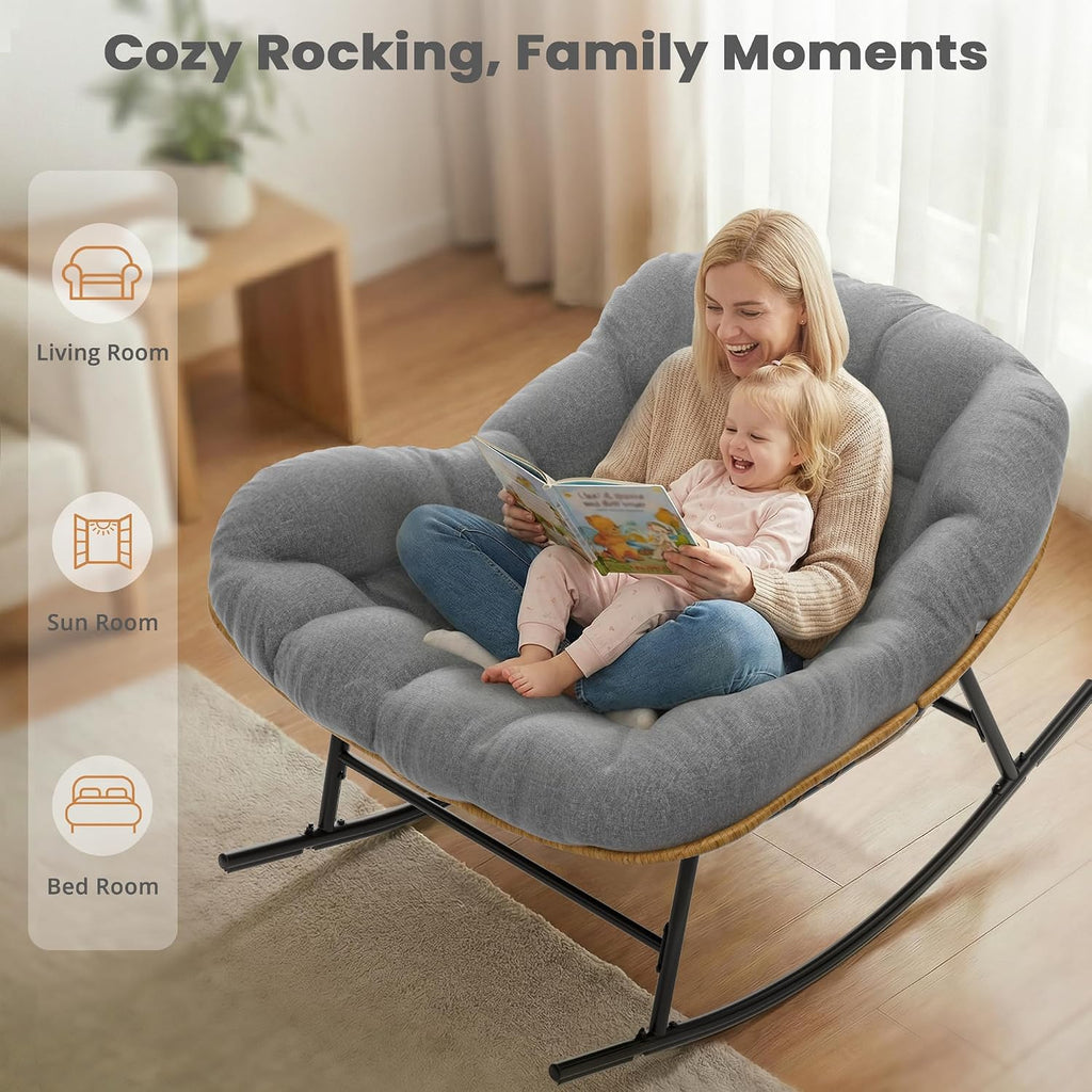 Easyego Oversized Papasan Rocking Chair Indoor Outdoor Use, Comfortable Wicker Rocker with Cozy Thicken Cushion for Deck, Balcony, Poolside, Lawn, Bedroom, Living Room, Dark Grey