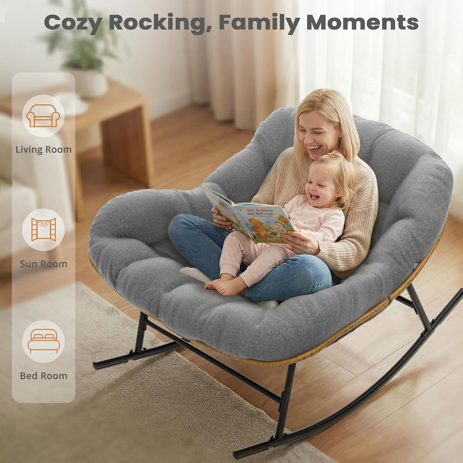 Easyego Oversized Papasan Rocking Chair Indoor Outdoor Use, Comfortable Wicker Rocker with Cozy Thicken Cushion for Deck, Balcony, Poolside, Lawn, Bedroom, Living Room, Dark Grey