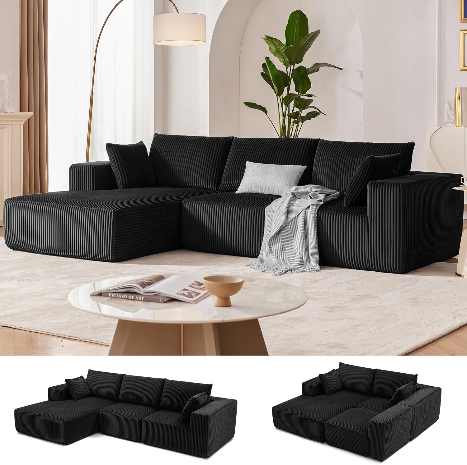 108' Modular Sectional Sofa, Cloud Sectional Couch with Deep Seat, Upholstered Boneless Couches for Living Room Bedroom, Modern Modular L-Shape Sofa Couch with Chaise (Left Facing Chaise, Black)
