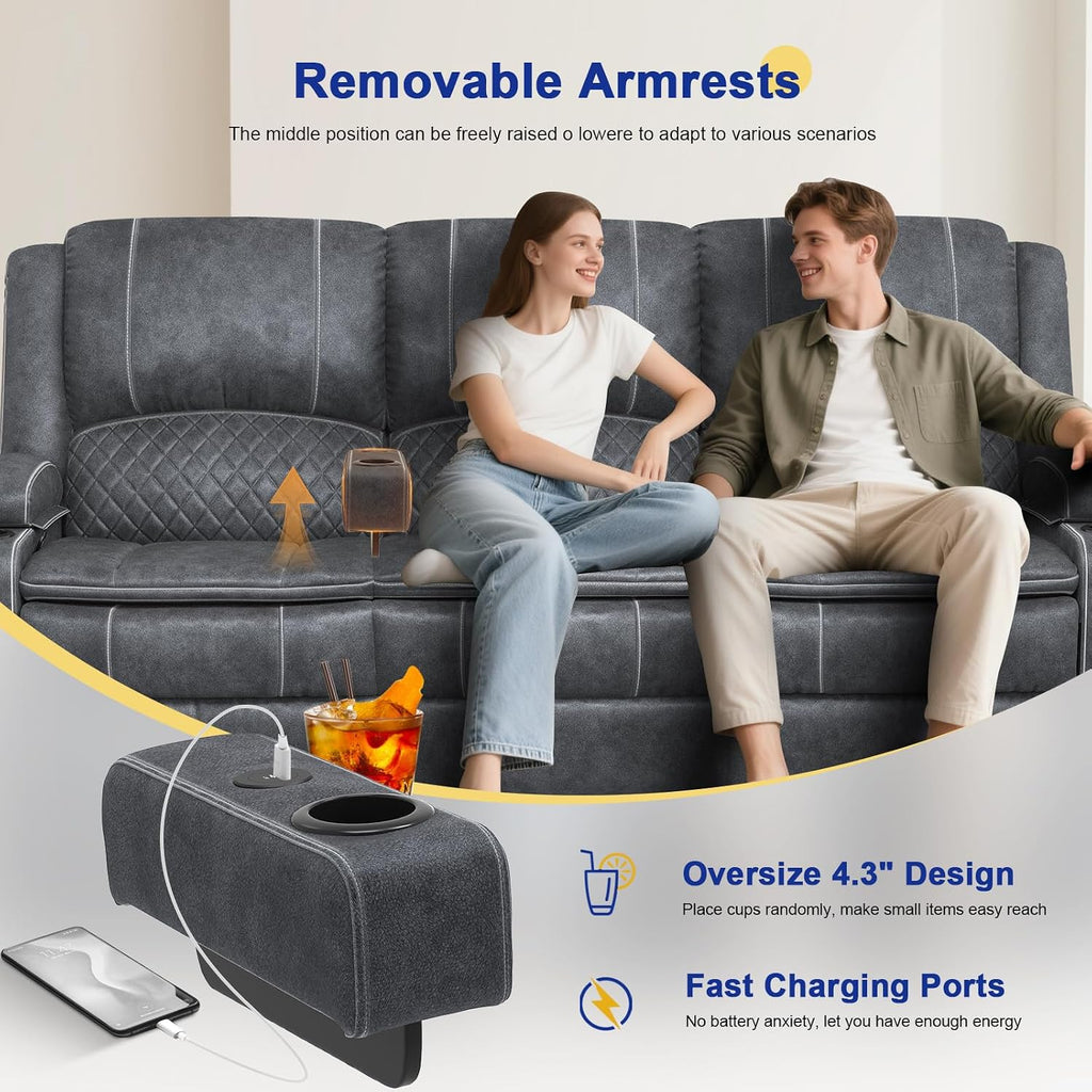 Redesigned Recliner Sofa 3 Seater Couch with Recliner, Home Theater Seating with Liftable Console & Removable Armrest, Manual Velvet Fabric Sofa Reclinering with Storage & USB Ports for Living Room