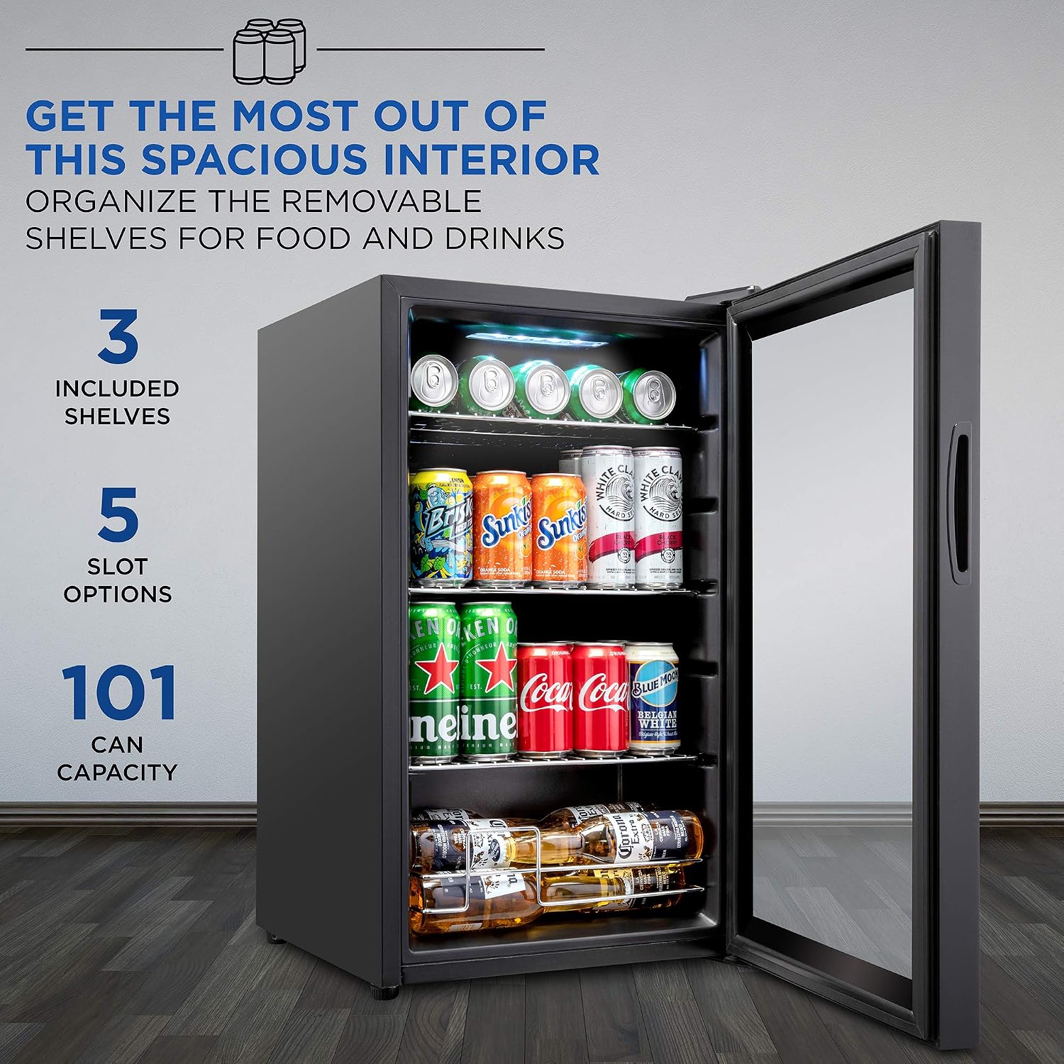 Ivation 101 Can Beverage Refrigerator , Freestanding Ultra Cool Mini Drink Fridge , Beer, Cocktails, Soda, Juice Cooler for Home and Office , Reversible Glass Door and Adjustable Shelving - Black,IVABC1010B