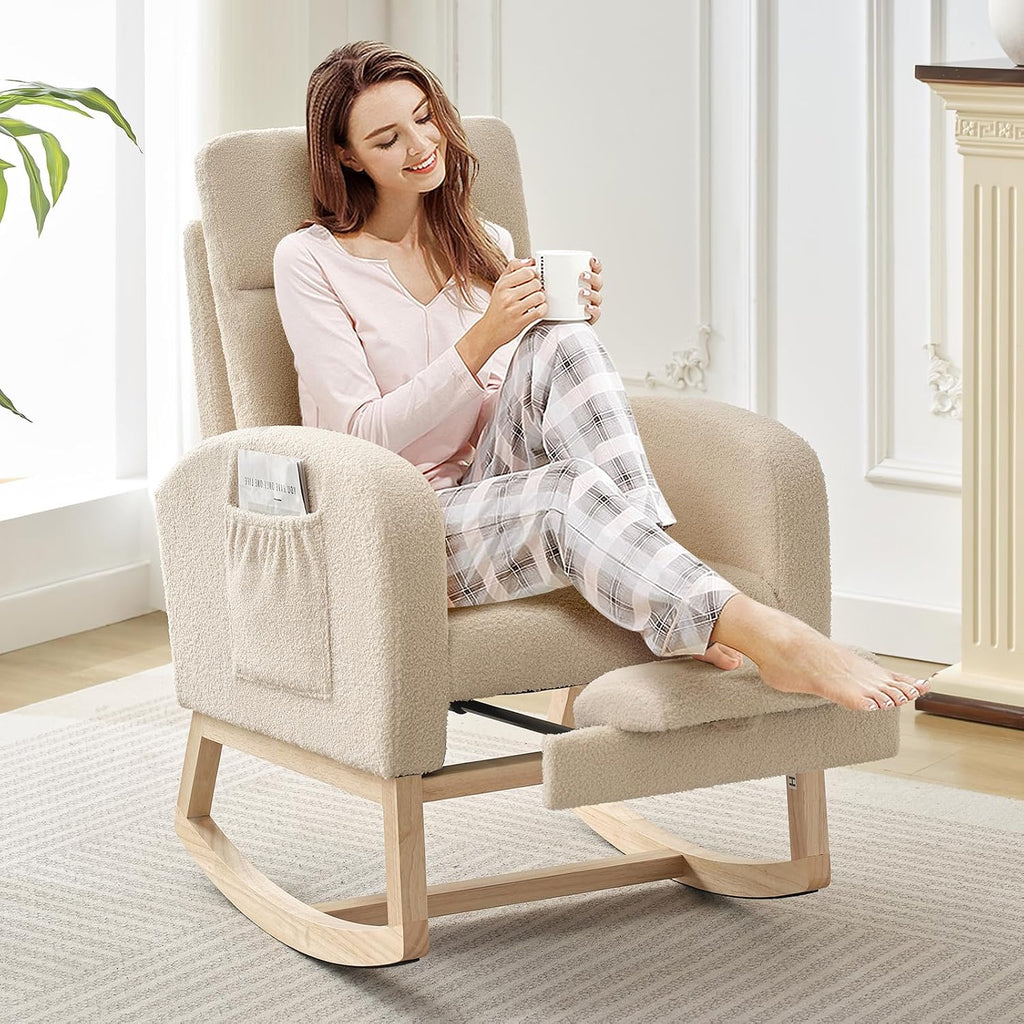 Nursery Rocking Chair with Foot Rest,Modern PU Upholstered Reading Glider Chair,High Backrest & Side Pocket for Living Room, Bedroom, Baby Room