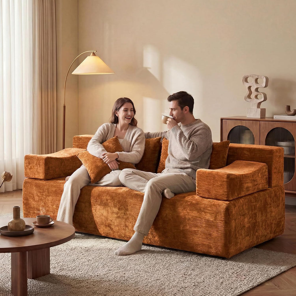 MONVANE 70' Loveseat Sofa with Removable Armrests, Comfy Chenille Cloud Couch with 4 Pillows, Modern Deep Seat Boneless Couch, 2 Seater Sofa for Living Room, No Assembly Required, Orange