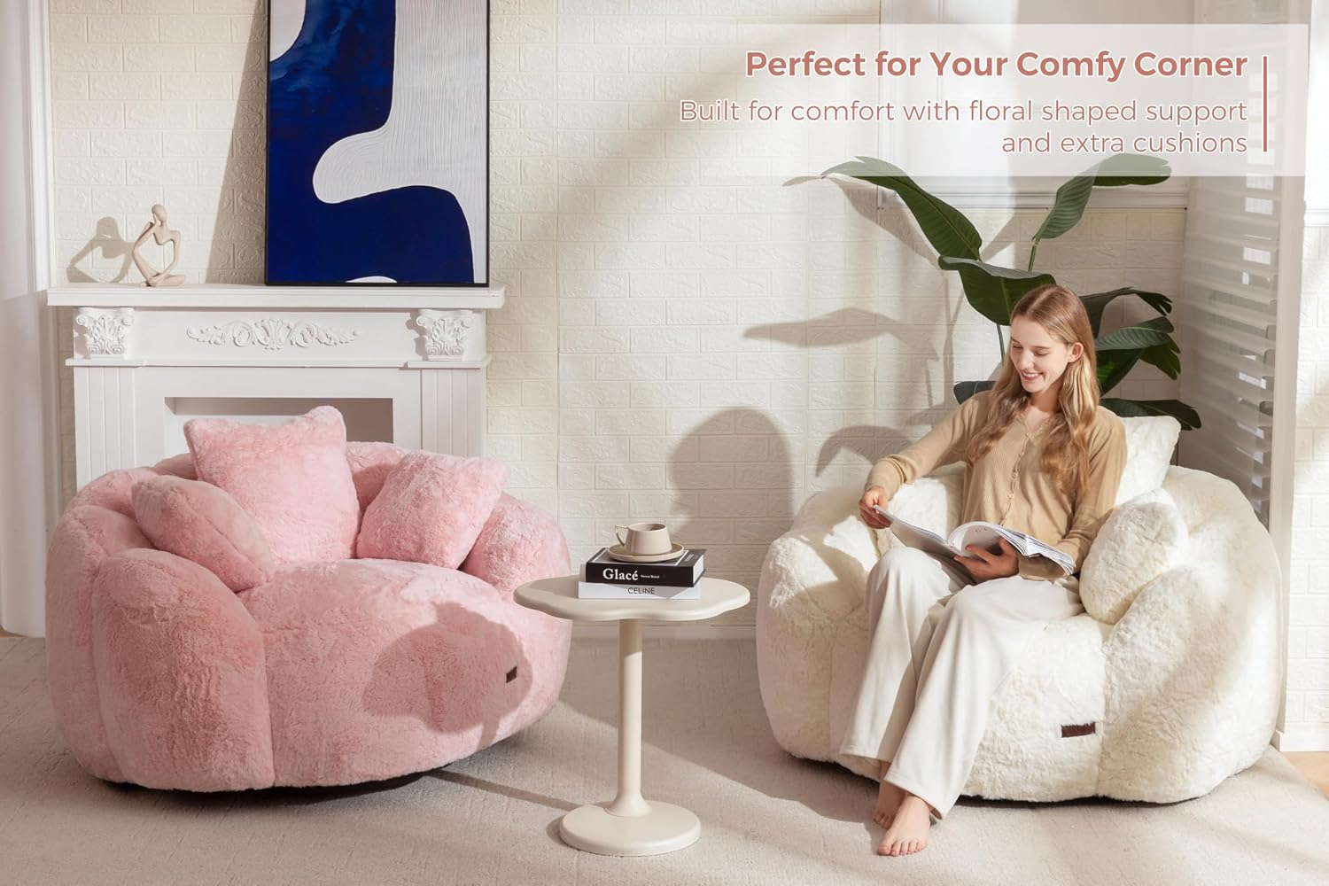 MAXYOYO Bean Bag Chair, Floral Shaped Bean Bag Sofa for Adults, Soft Faux Fur Floor Sofa, Large Stuffed Reading Chair for Living Room, Beige
