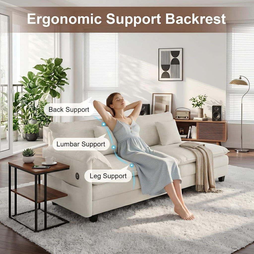 KCGKCG Modular Sectional Sofa, 108' Comfy Cloud Couch with Movable Ottoman | Charging Station | Side Pocket | Throw Pillow, Modern L-Shaped Couches for Living Room, Chenille, Cloud White