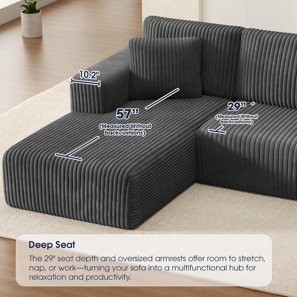 KINGYES 107'' Modular Sectional Sofa, L Shaped Cloud Couch for Living Room, Modern Plush Corduroy Boneless Sofa with Chaise for Bedroom, Gray