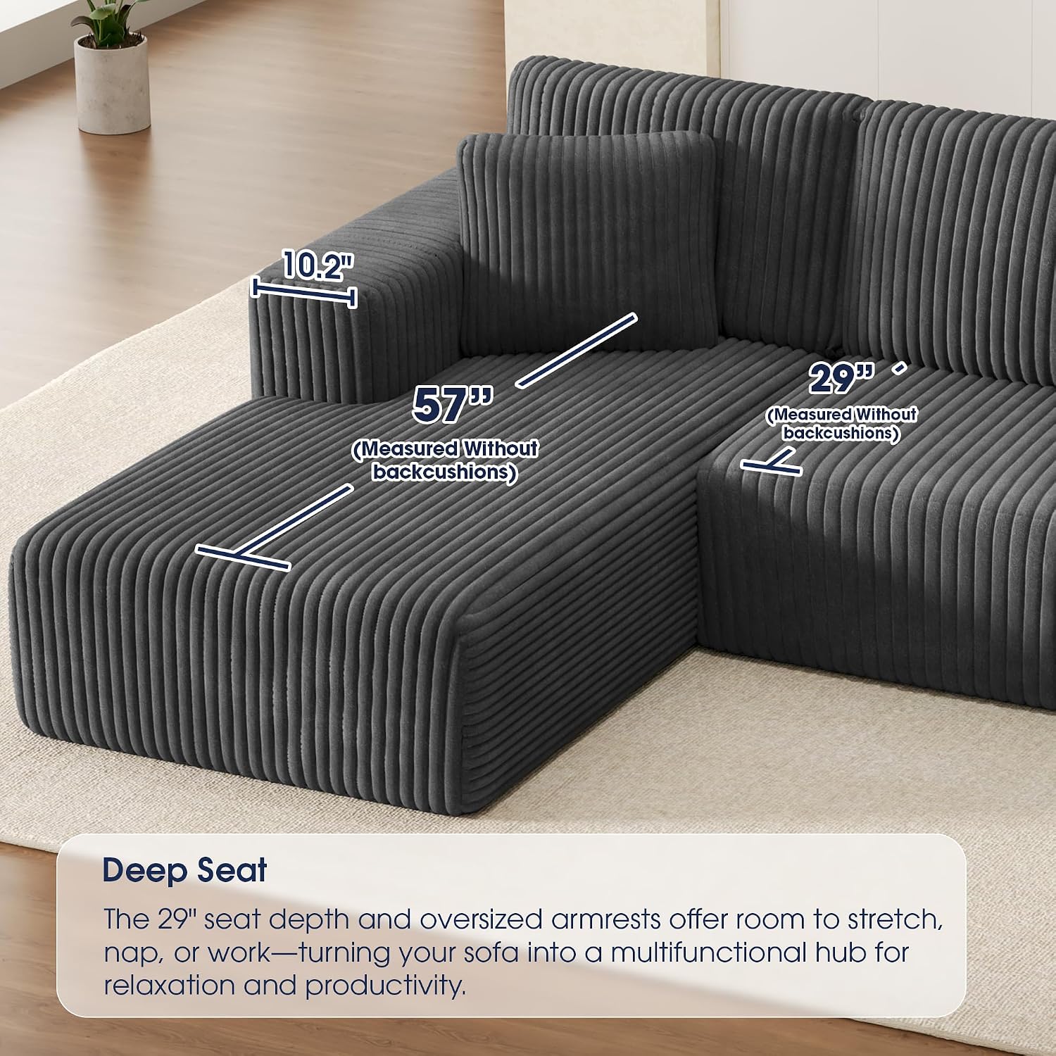KINGYES 107'' Modular Sectional Sofa, L Shaped Cloud Couch for Living Room, Modern Plush Corduroy Boneless Sofa with Chaise for Bedroom, Gray