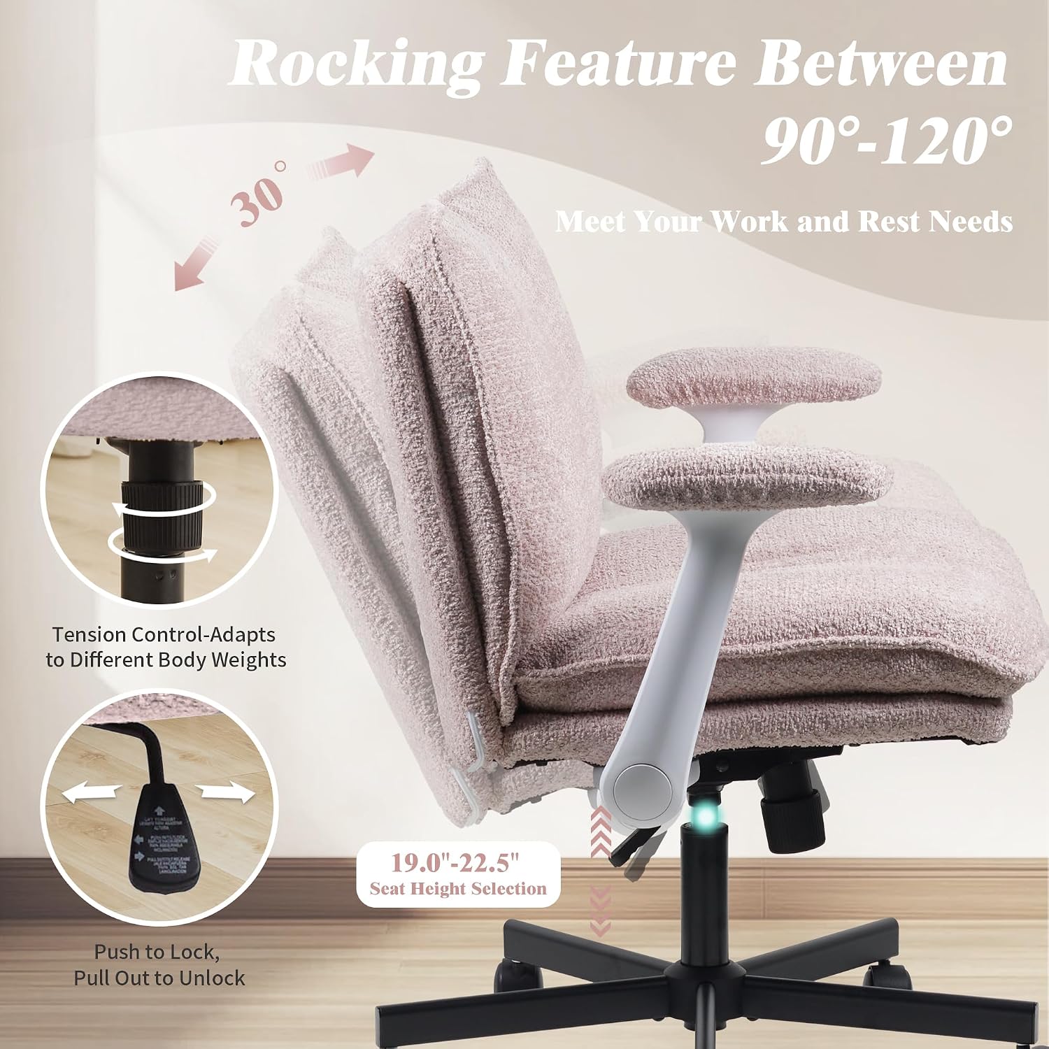 Kassipo Criss Cross Legged Office Chair with Wheels and Flip-Up Arms, Upholstered Criss Cross Desk Chair, Wide Seat Chairs for Home Office, Vanity, Apartment, Pink