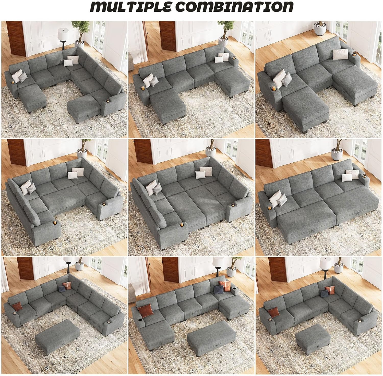 Belffin Small Corner Modular Sectional Couches for Living Room U Shaped Couch with Cup Holder Light Grey Couch