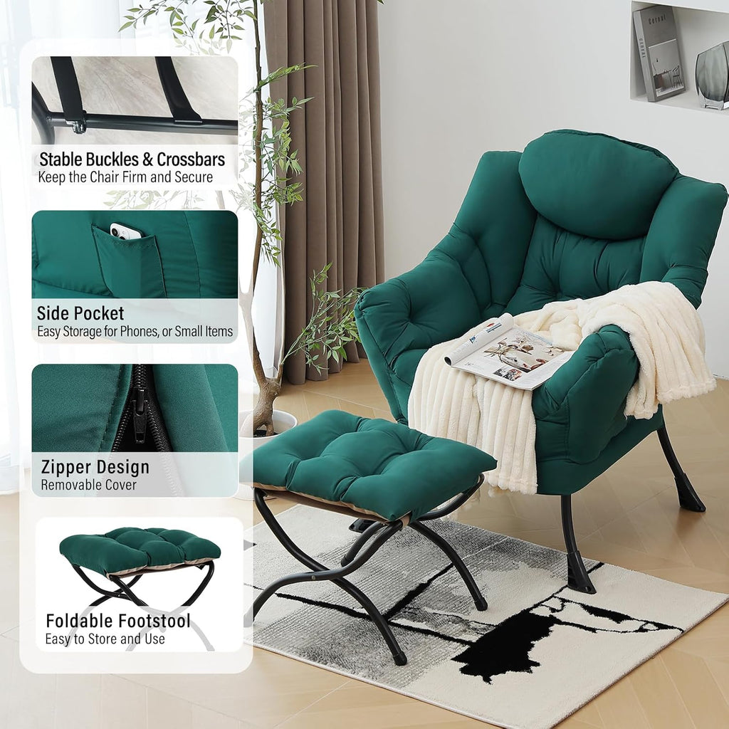 Furlide Lazy Chair with Ottoman, Modern Accent Chair with Armrests and a Side Pocket, Dark Green Accent Chairs, Reading Chairs, Oversized Armchairs for Bedroom, Study, Living Room, Courtyard