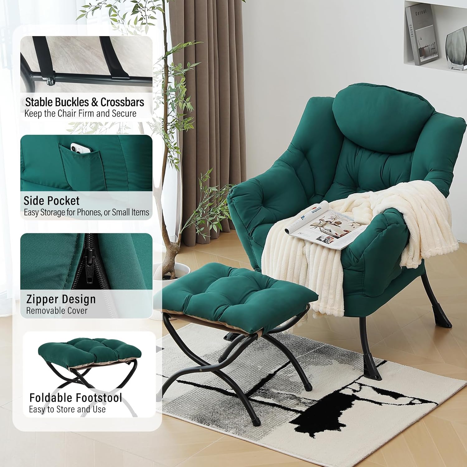 Furlide Lazy Chair with Ottoman, Modern Accent Chair with Armrests and a Side Pocket, Dark Green Accent Chairs, Reading Chairs, Oversized Armchairs for Bedroom, Study, Living Room, Courtyard