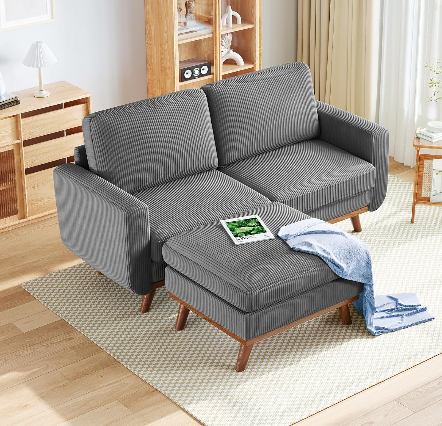 Vesgantti 68' Loveseat Sofa with Movable Ottoman, Comfy Corduroy Couch with Spring Cushion, Sofa Couch with Solid Wood, Modern Office Sofa with Deep Seat for Living Room and Bedroom, Dark Gray