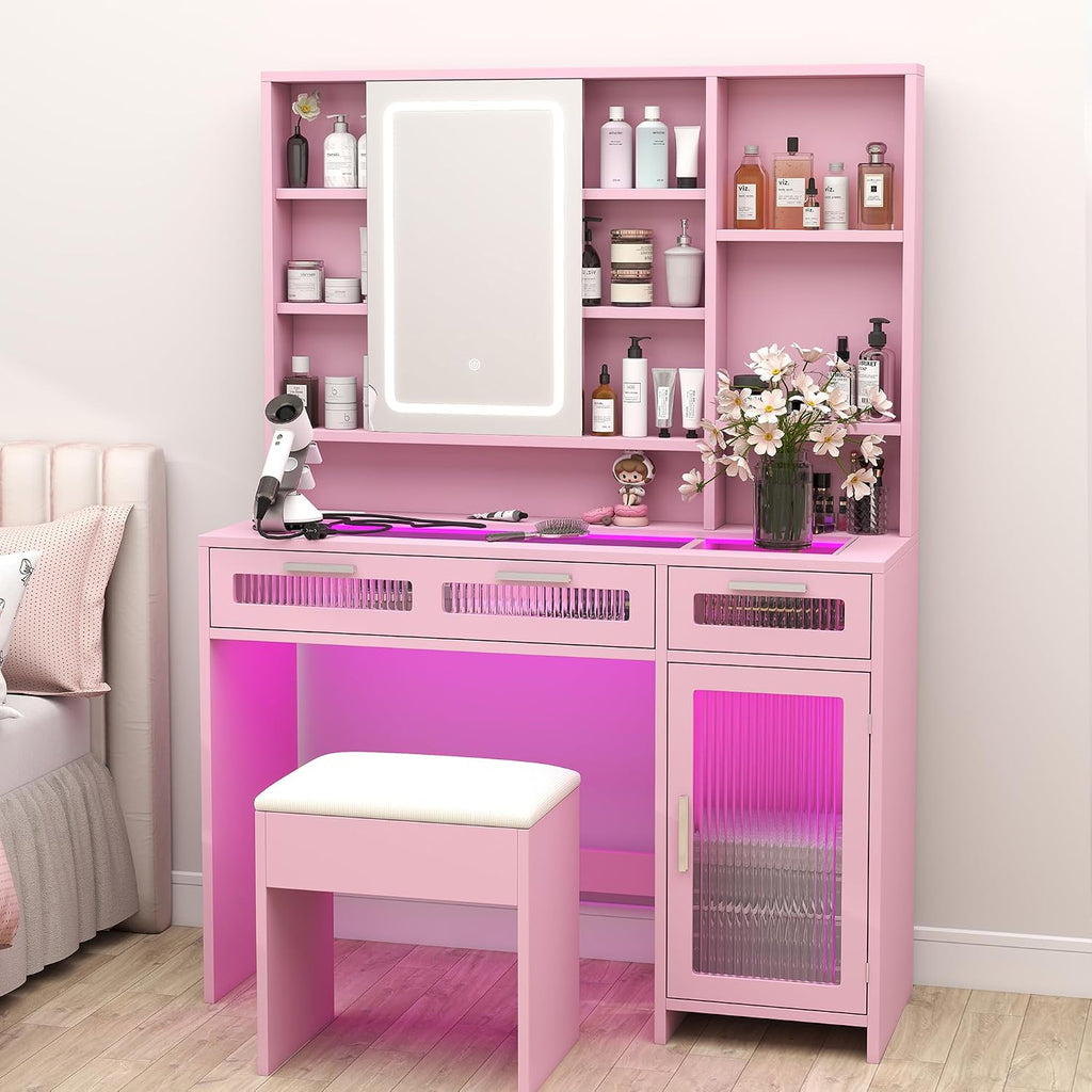 Hadulcet Pink Vanity Desk with Mirror and Lights, 43' Makeup Vanity Desk with Glass Top, Power Outlets, 2 Drawers, 10 Shelves & Acrylic Cabinet, LED Vanity Table for Girls Women Gift